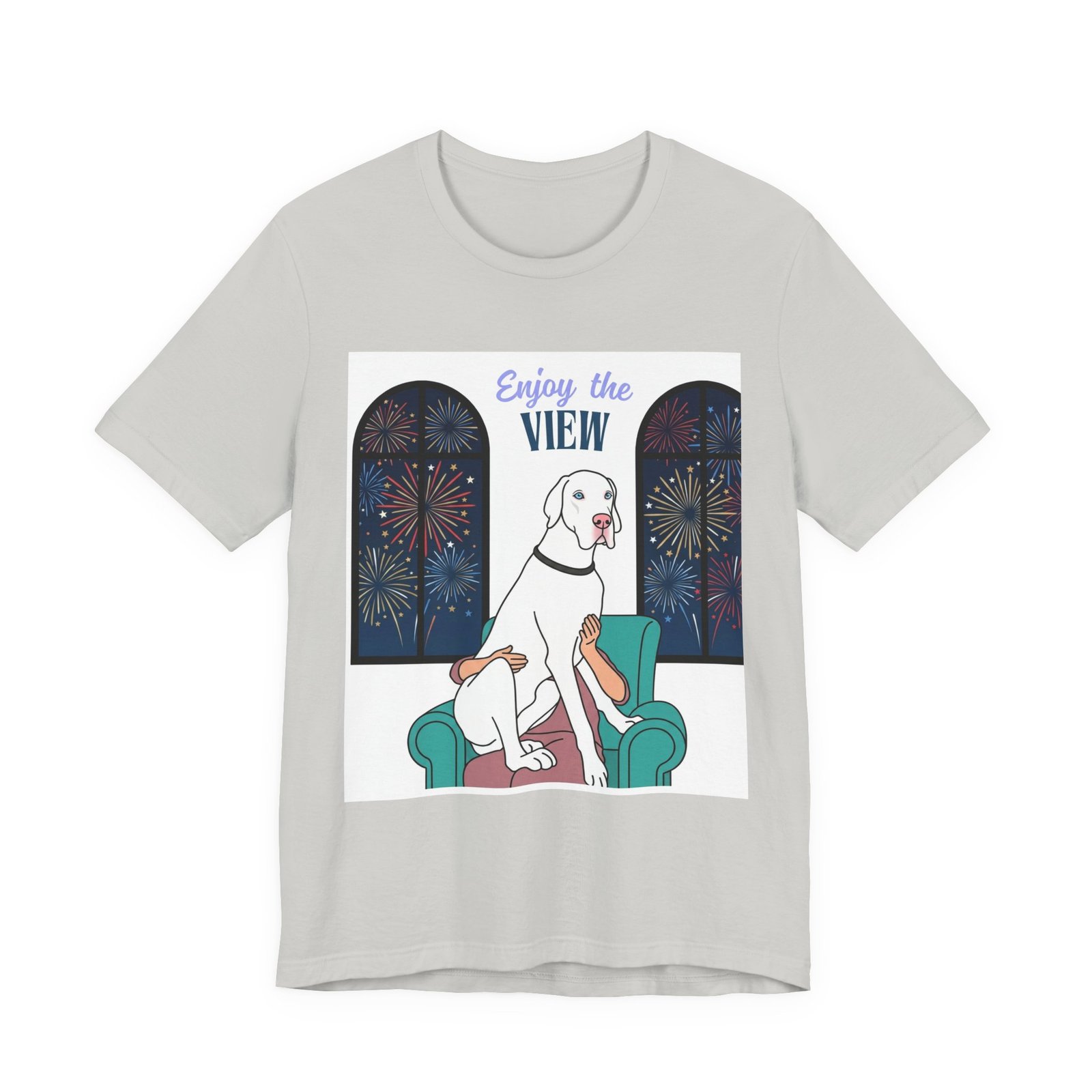 White with Blue Eyes Great Dane Enjoy the View T-Shirt — Dog Watching Fireworks Graphic Tee - Image 21