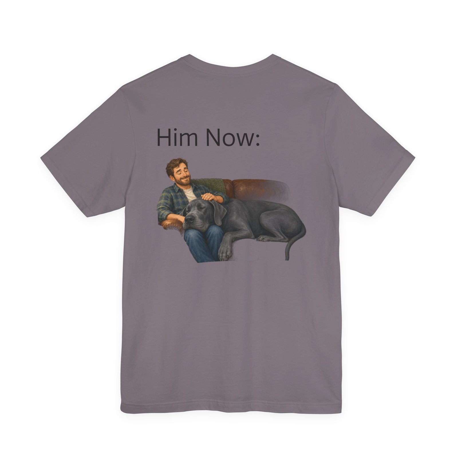 Blue Great Dane T-Shirt — "NO DOGS" Script Front with Man and Dog on Couch Graphic - Image 47