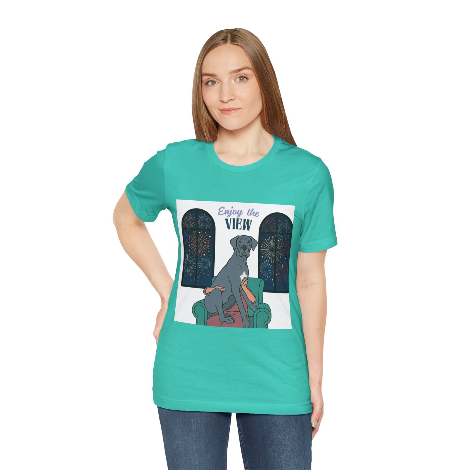 Blue with white chest marking Great Dane Enjoy the View T-Shirt — Dog Watching Fireworks Graphic Tee - Image 30