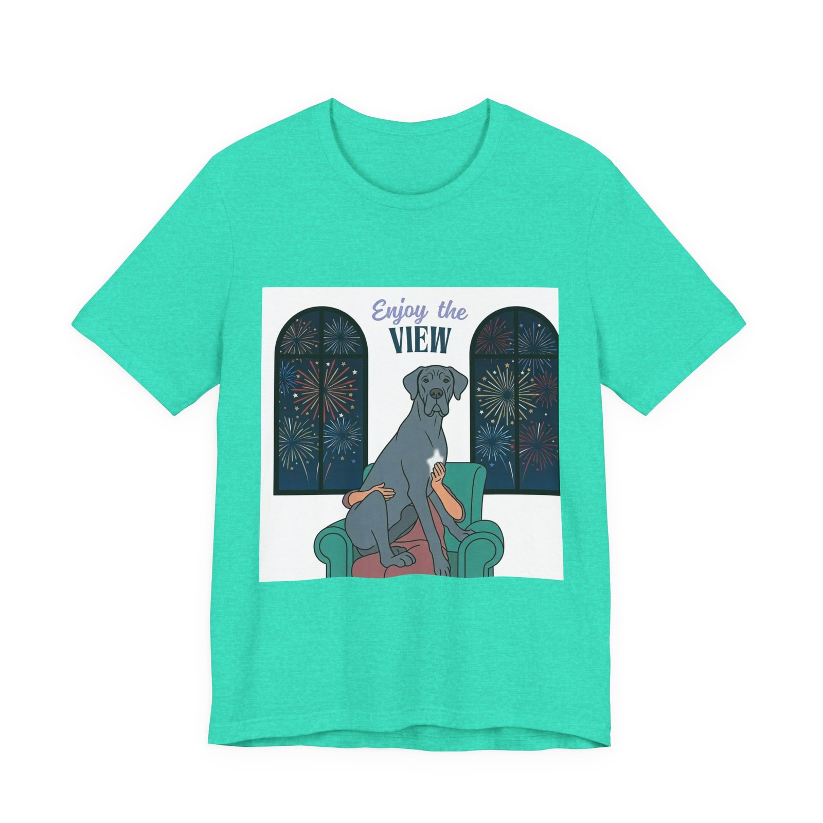 Blue with white chest marking Great Dane Enjoy the View T-Shirt — Dog Watching Fireworks Graphic Tee - Image 36