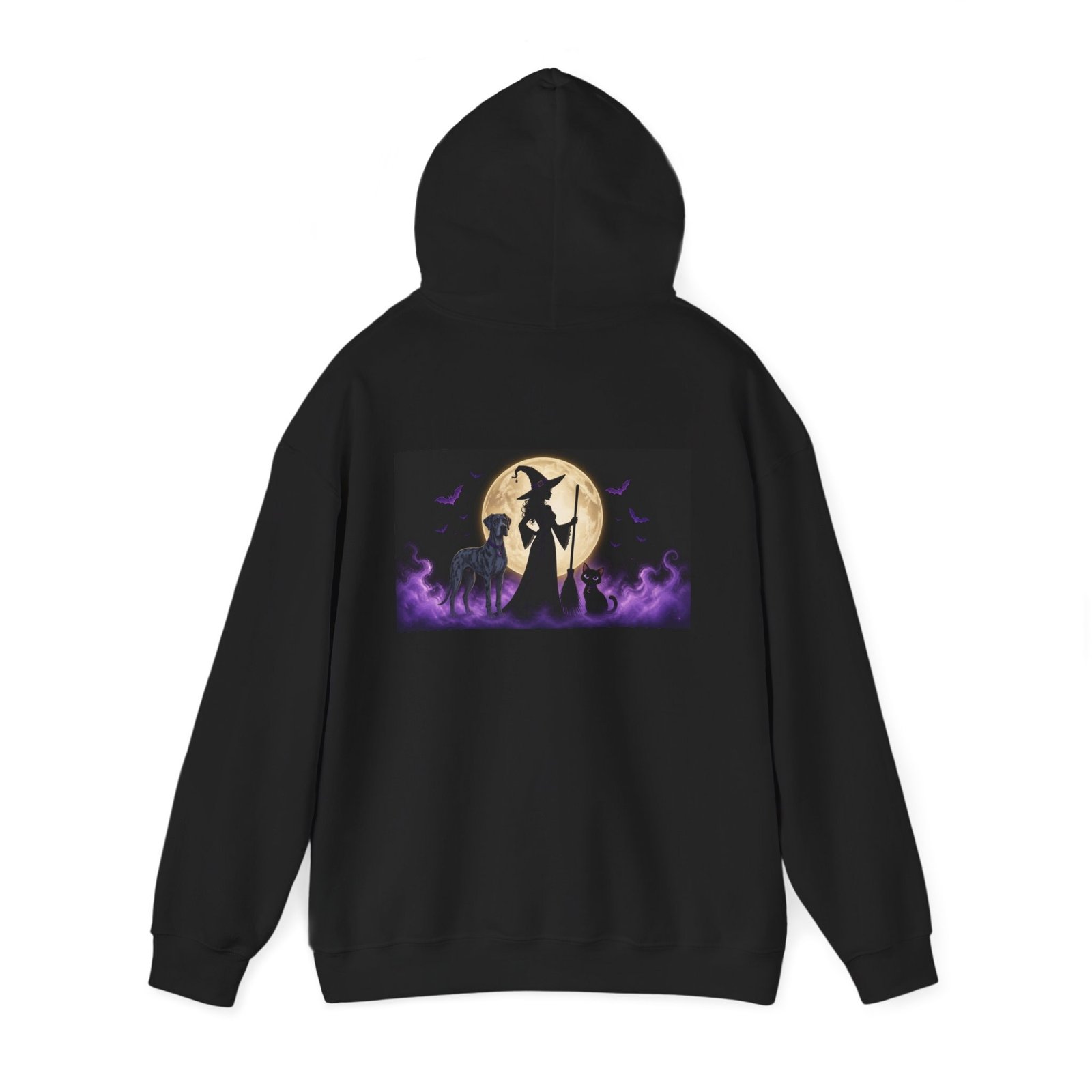 Merle Great Dane, Black Cat, Witch (up to 5x) Mid-Weight Hoodie Back Printed — Her Familiars - Image 3
