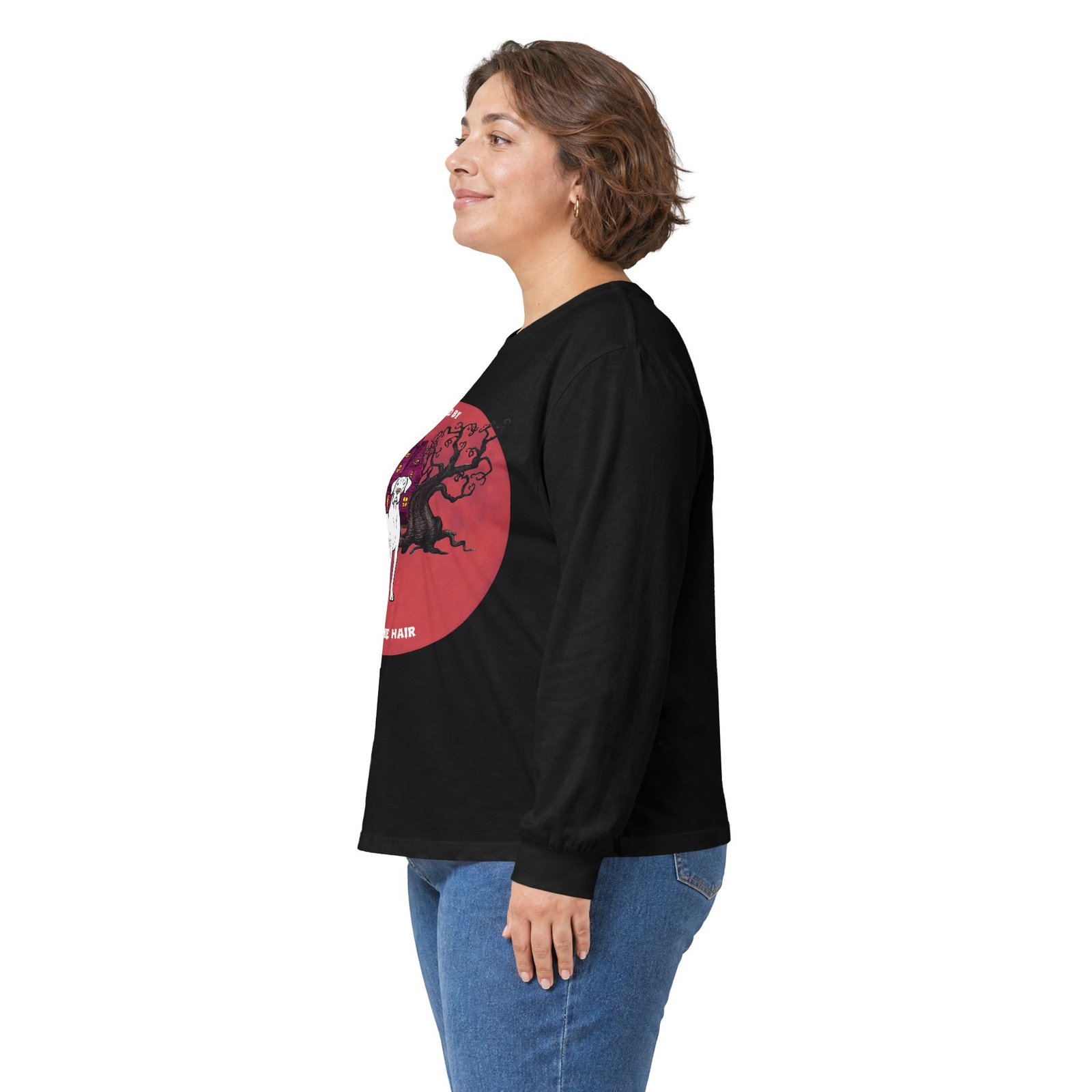 White with blue eyes Great Dane up to 5xl - Haunted by Dane Hair Unisex Long Sleeve Tee - Image 16