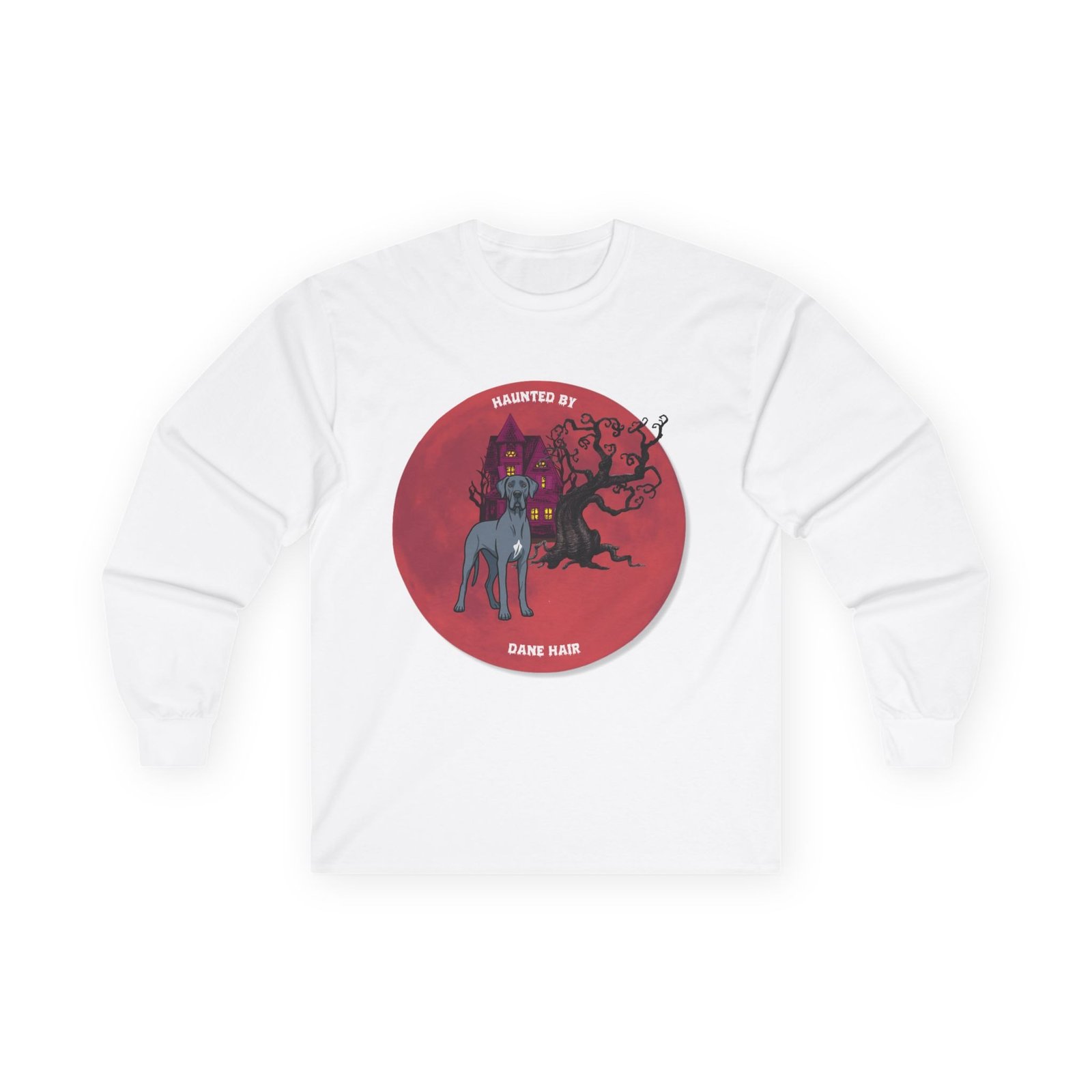 Blue with white snip chest Great Dane up to 5xl - Haunted by Dane Hair Unisex Long Sleeve Tee - Image 5