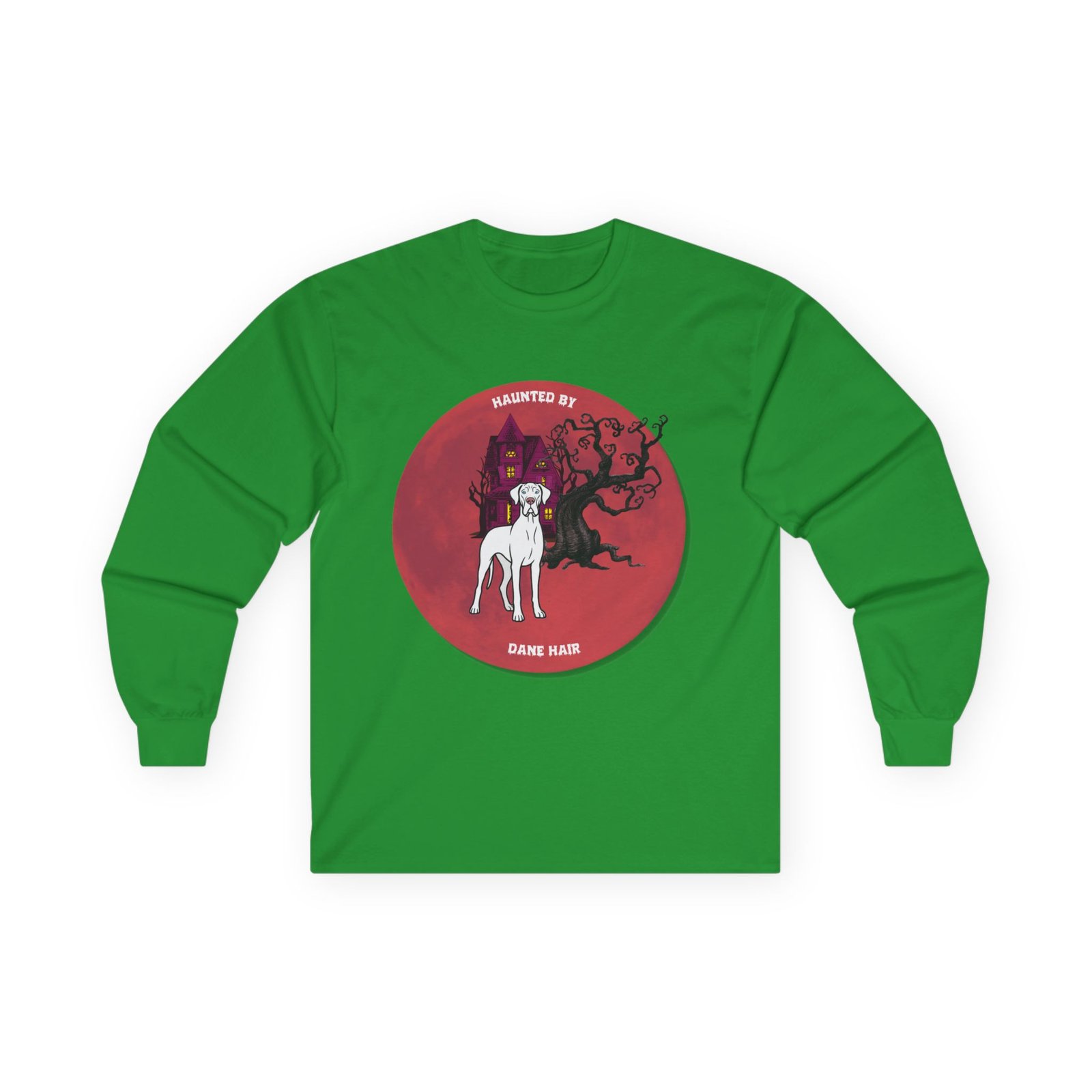 White with blue eyes Great Dane up to 5xl - Haunted by Dane Hair Unisex Long Sleeve Tee - Image 37