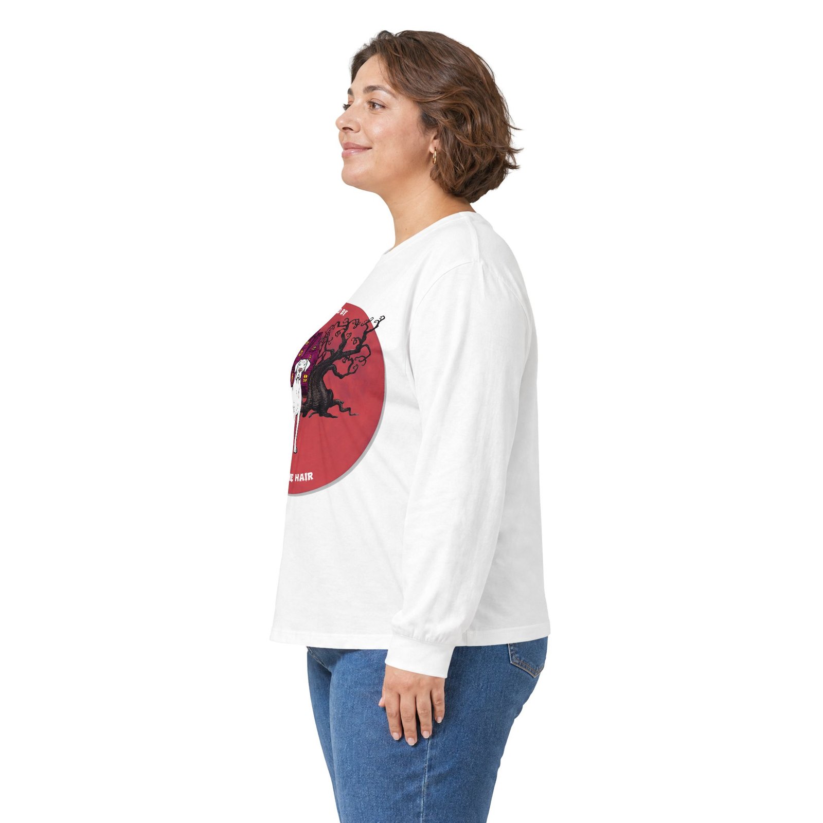 White with blue eyes Great Dane up to 5xl - Haunted by Dane Hair Unisex Long Sleeve Tee - Image 12