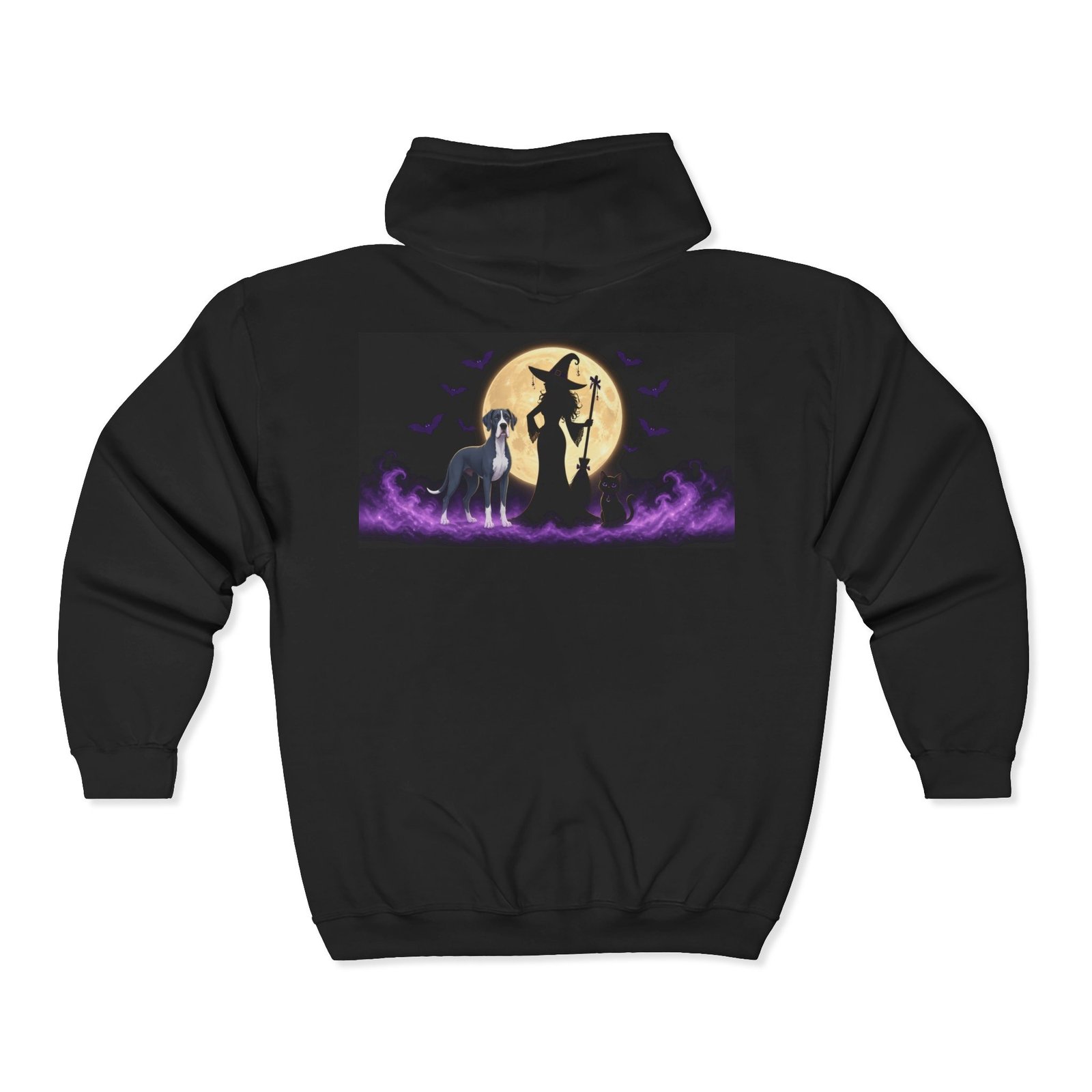 Blue Mantle Great Dane & Black Cat Witch Full-Zip Hoodie (Up to 3x) Back Printed Med-Heavy — Her Familiars - Image 2