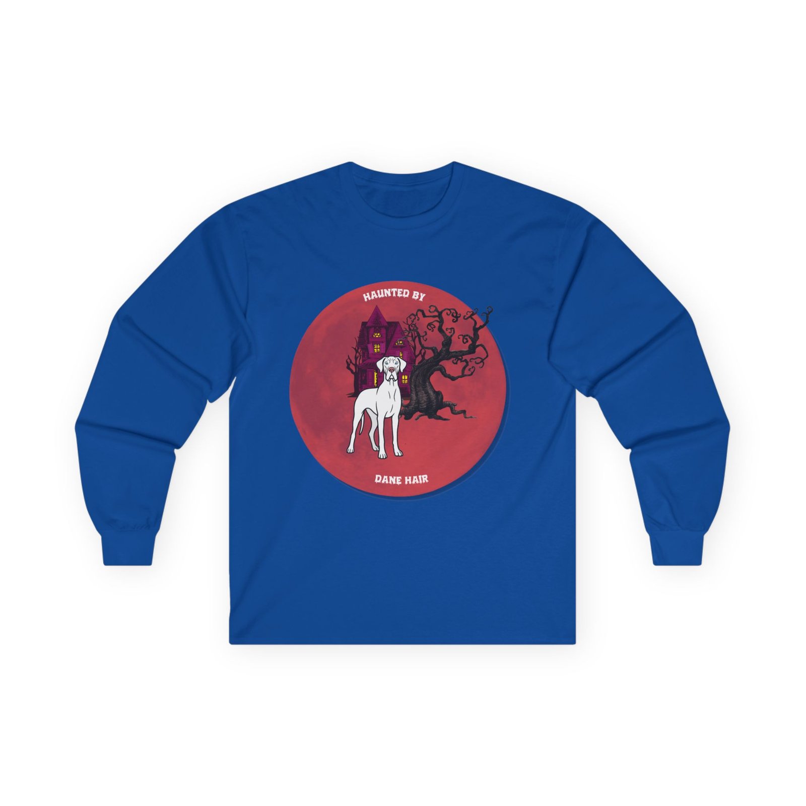 White with blue eyes Great Dane up to 5xl - Haunted by Dane Hair Unisex Long Sleeve Tee - Image 49