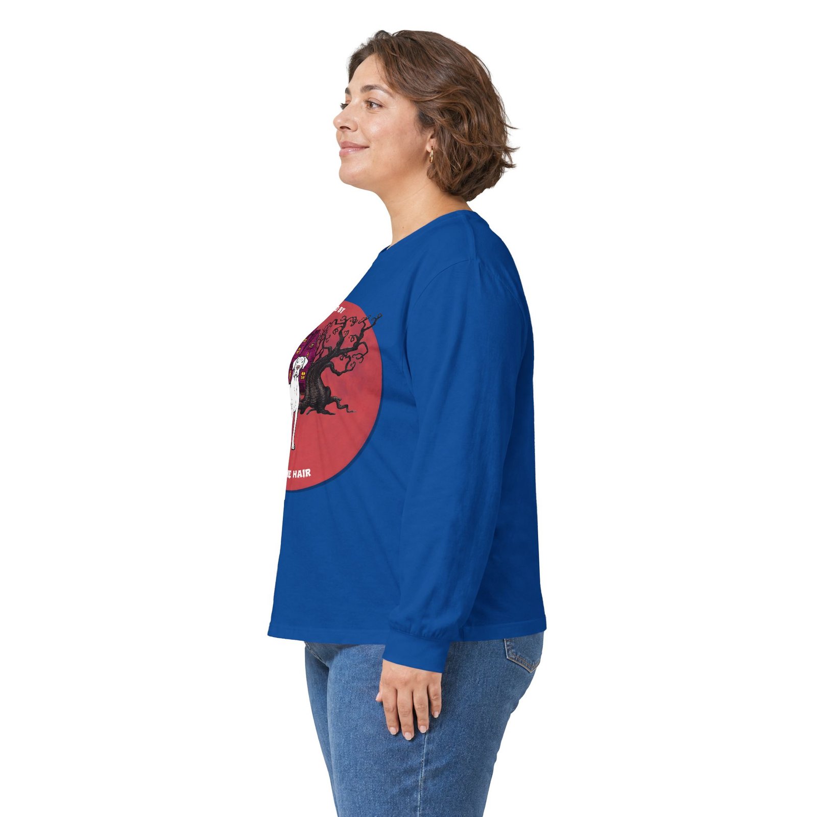 White with blue eyes Great Dane up to 5xl - Haunted by Dane Hair Unisex Long Sleeve Tee - Image 52