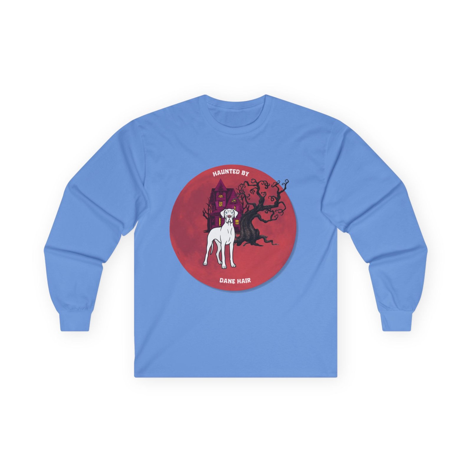 White with blue eyes Great Dane up to 5xl - Haunted by Dane Hair Unisex Long Sleeve Tee - Image 45