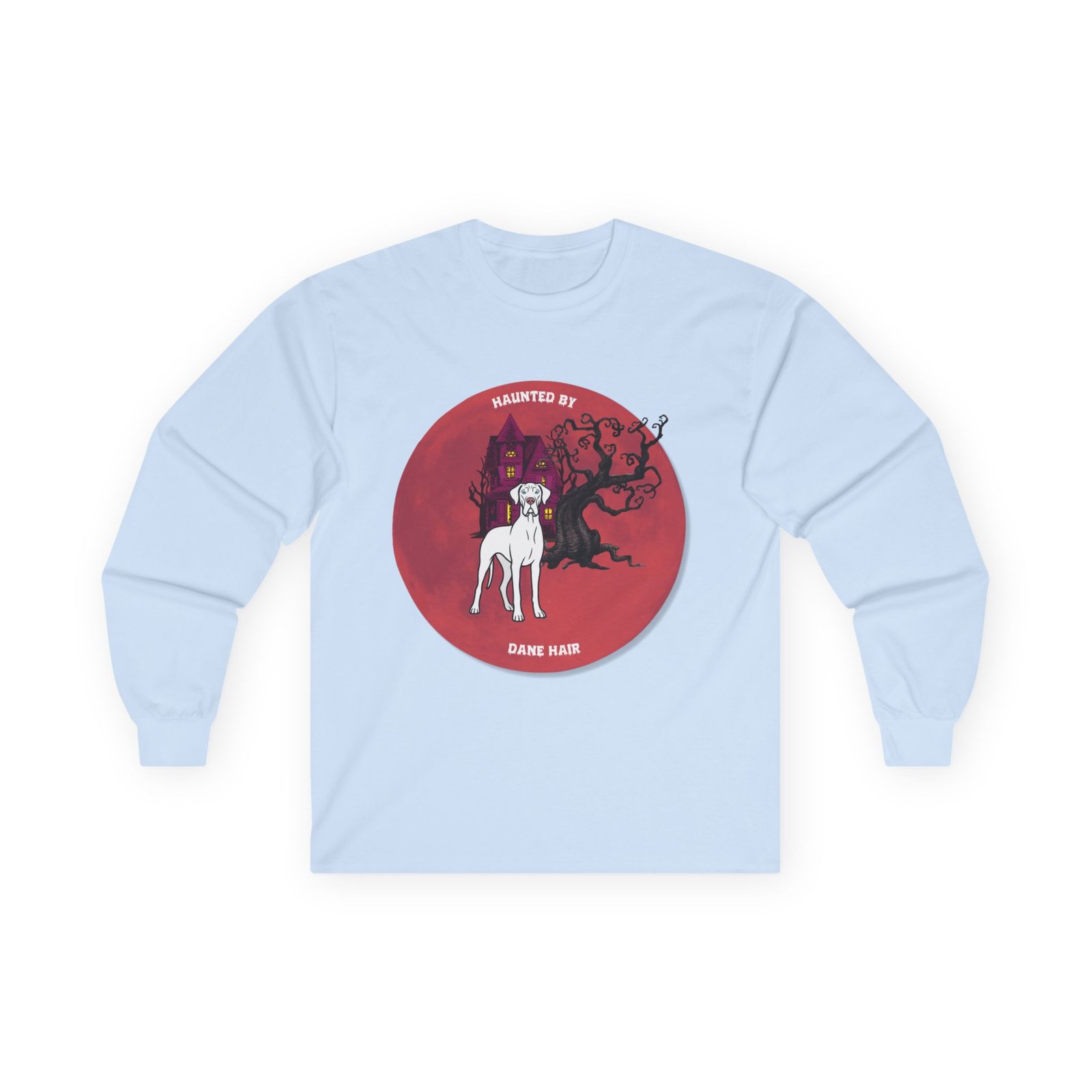 White with blue eyes Great Dane up to 5xl - Haunted by Dane Hair Unisex Long Sleeve Tee - Image 41