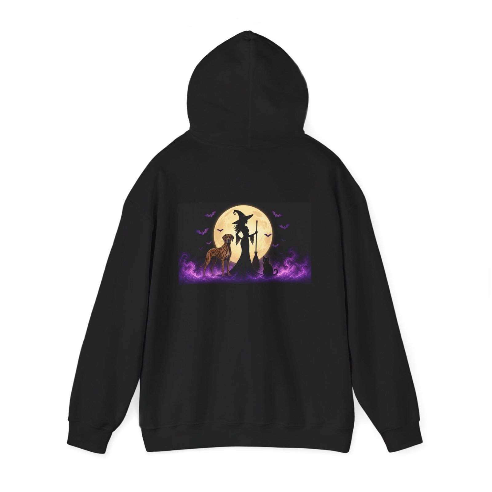 Brindle Great Dane, Black Cat, Witch (up to 5x) Mid-Weight Hoodie Back Printed — Her Familiars - Image 3