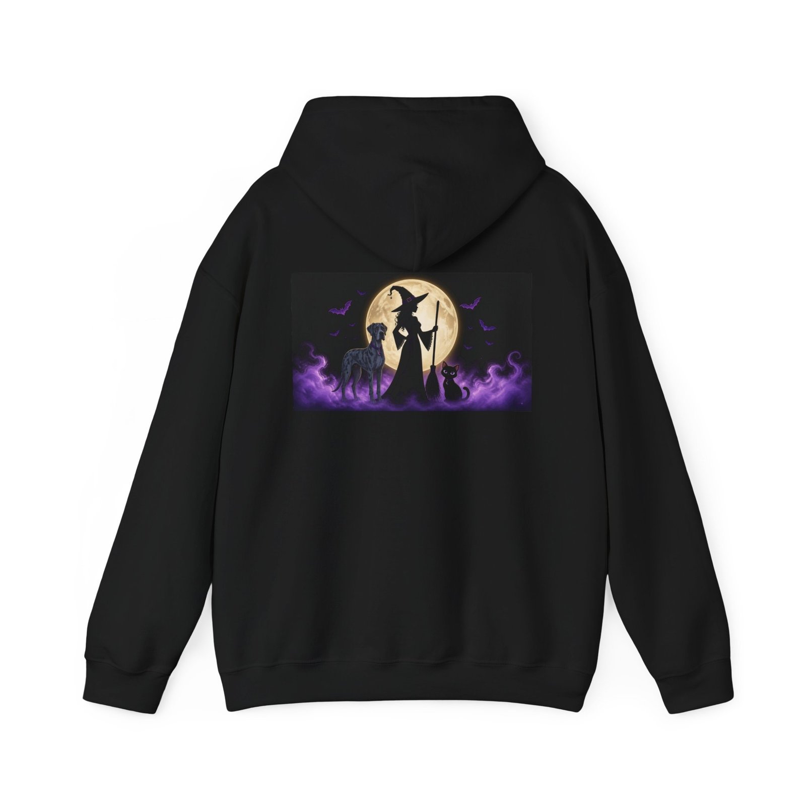 Merle Great Dane, Black Cat, Witch (up to 5x) Mid-Weight Hoodie Back Printed — Her Familiars - Image 2