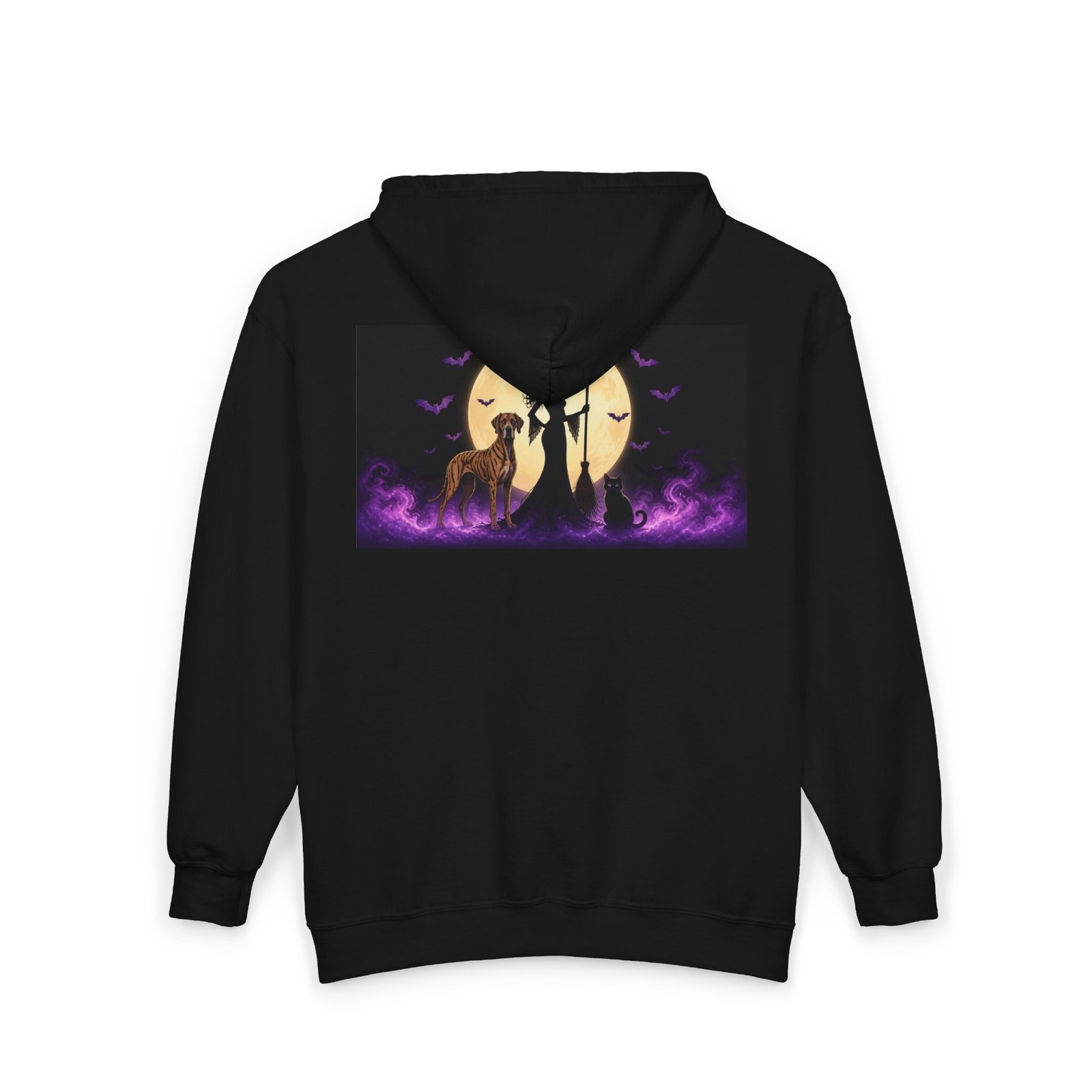 Brindle Great Dane & Black Cat Witch Full-Zip Hoodie (Up to 3x) Back Printed Med-Heavy — Her Familiars - Image 4
