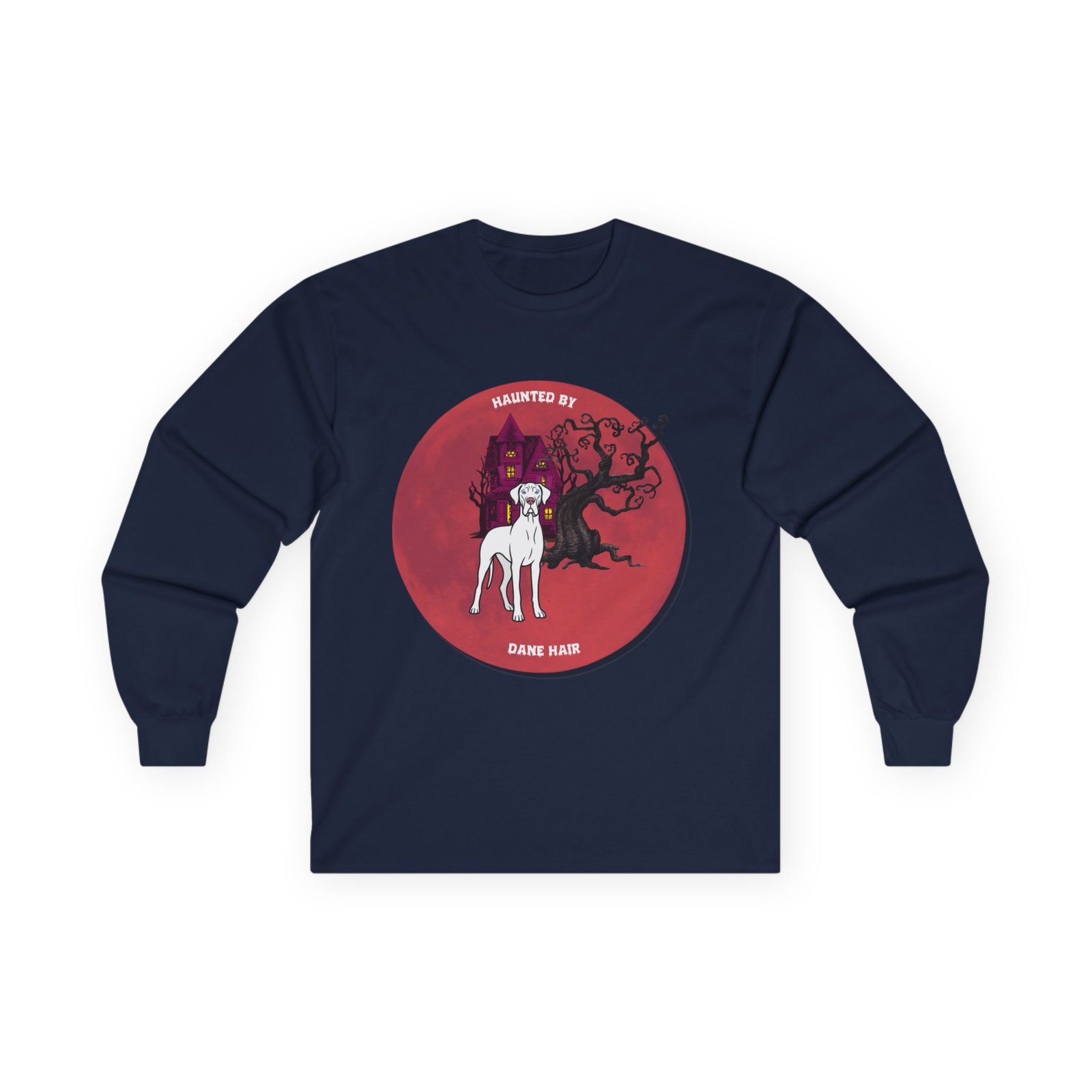 White with blue eyes Great Dane up to 5xl - Haunted by Dane Hair Unisex Long Sleeve Tee - Image 53