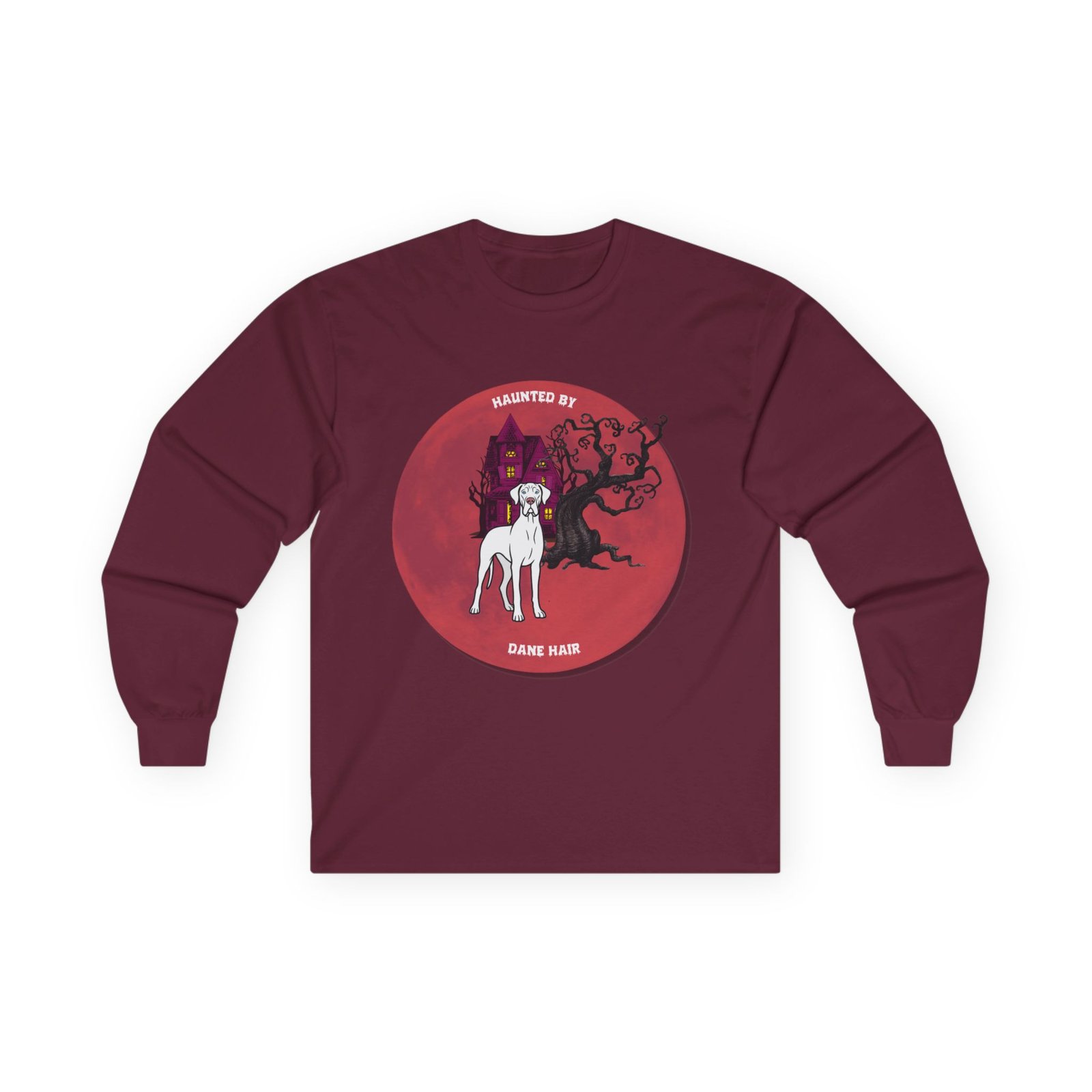 White with blue eyes Great Dane up to 5xl - Haunted by Dane Hair Unisex Long Sleeve Tee - Image 21