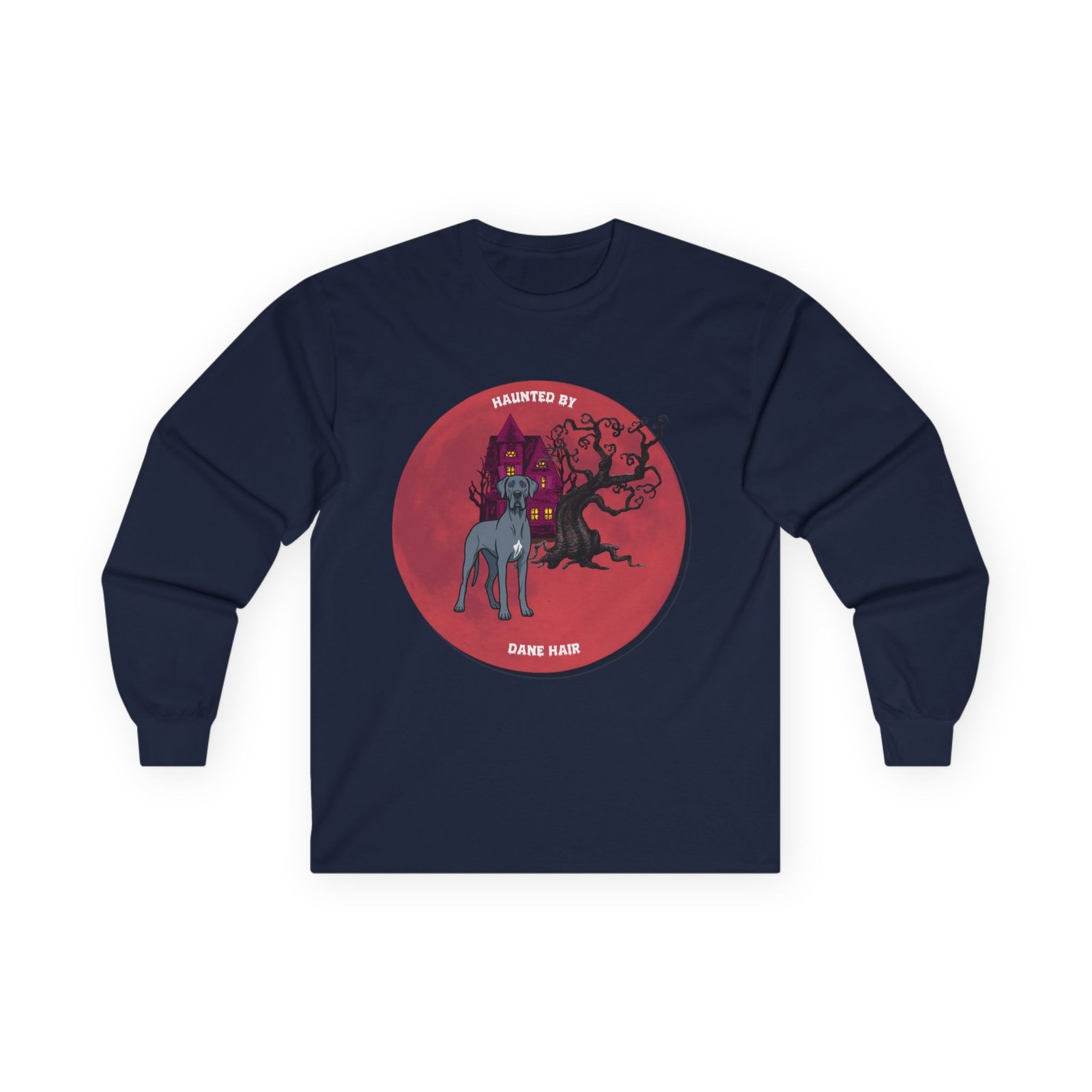 Blue with white snip chest Great Dane up to 5xl - Haunted by Dane Hair Unisex Long Sleeve Tee - Image 53