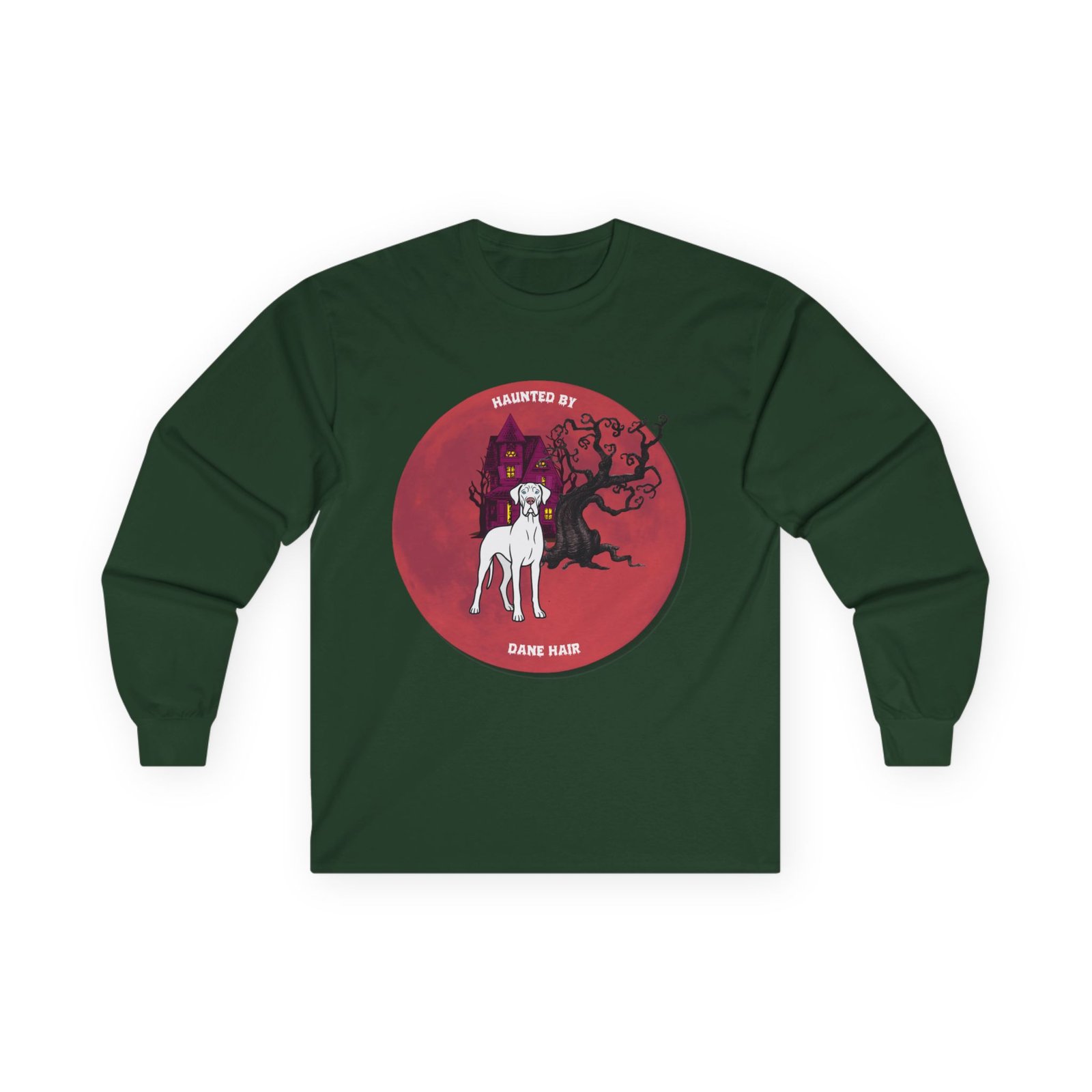 White with blue eyes Great Dane up to 5xl - Haunted by Dane Hair Unisex Long Sleeve Tee - Image 33
