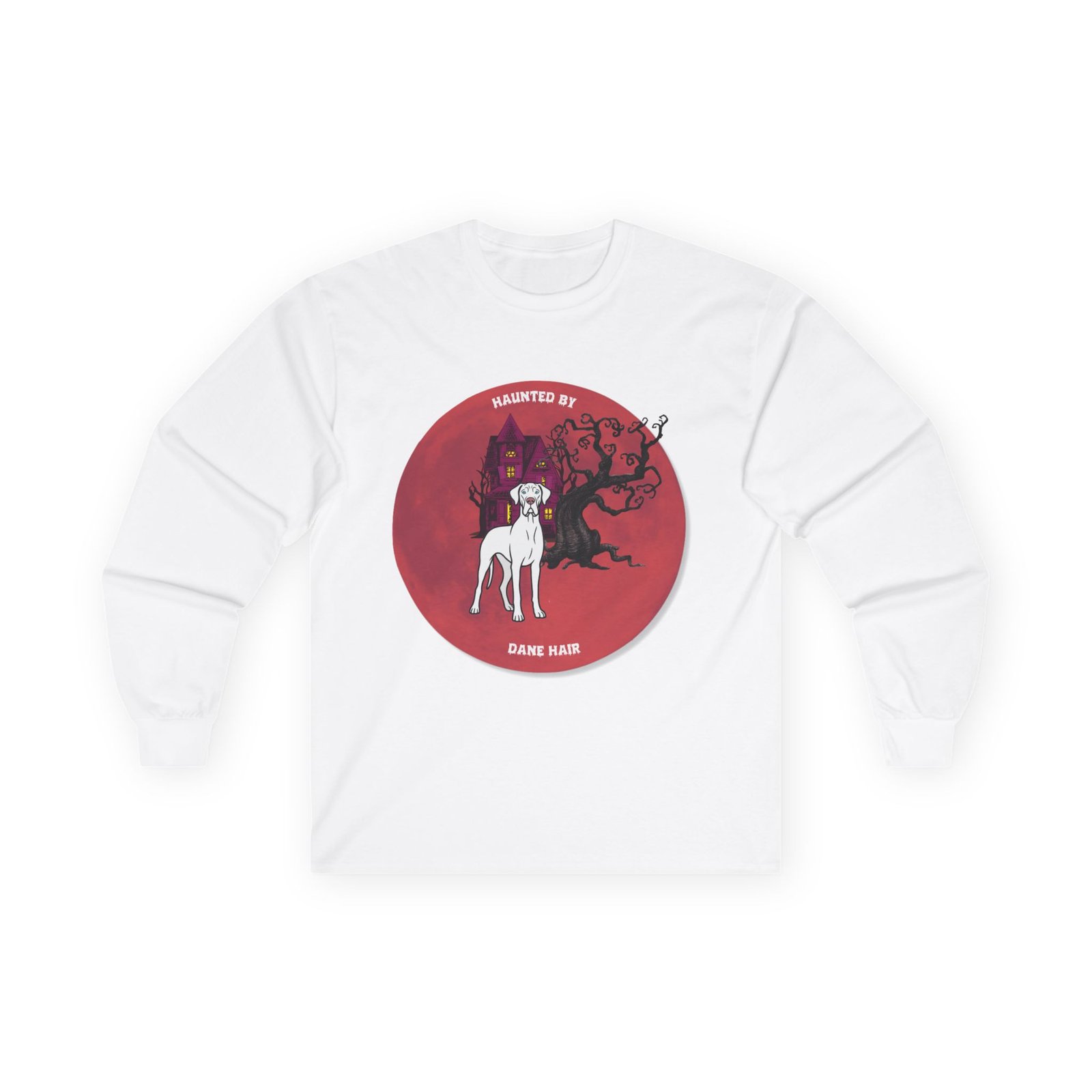 White with blue eyes Great Dane up to 5xl - Haunted by Dane Hair Unisex Long Sleeve Tee - Image 9