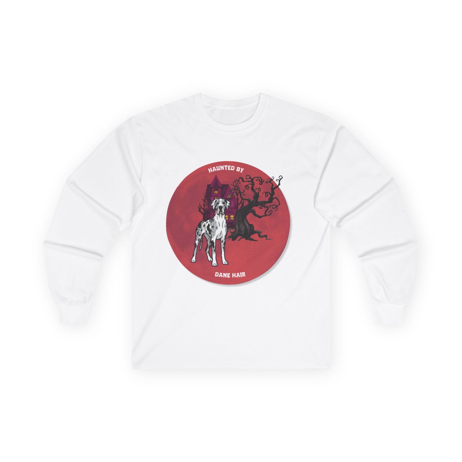 Merlequin with white chest Great Dane up to 5xl - Haunted by Dane Hair Unisex Long Sleeve Tee - Image 13