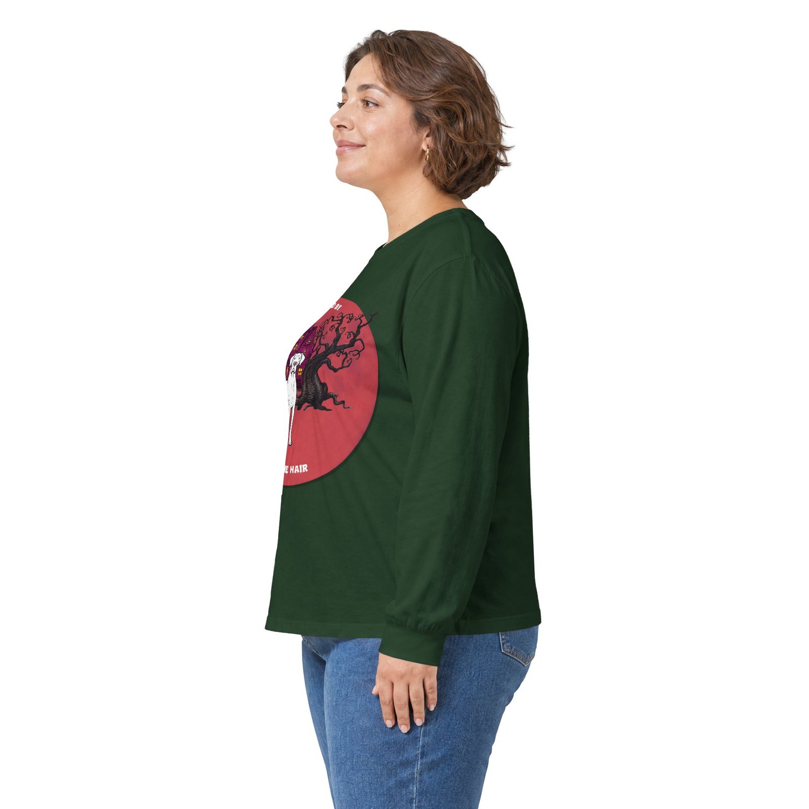 White with blue eyes Great Dane up to 5xl - Haunted by Dane Hair Unisex Long Sleeve Tee - Image 36
