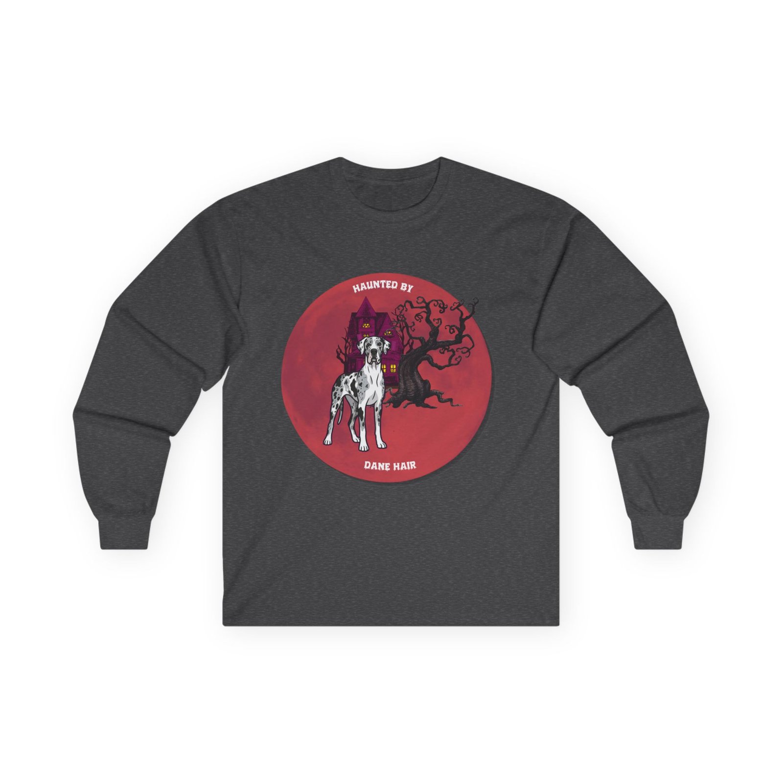Merlequin with white chest Great Dane up to 5xl - Haunted by Dane Hair Unisex Long Sleeve Tee - Image 5