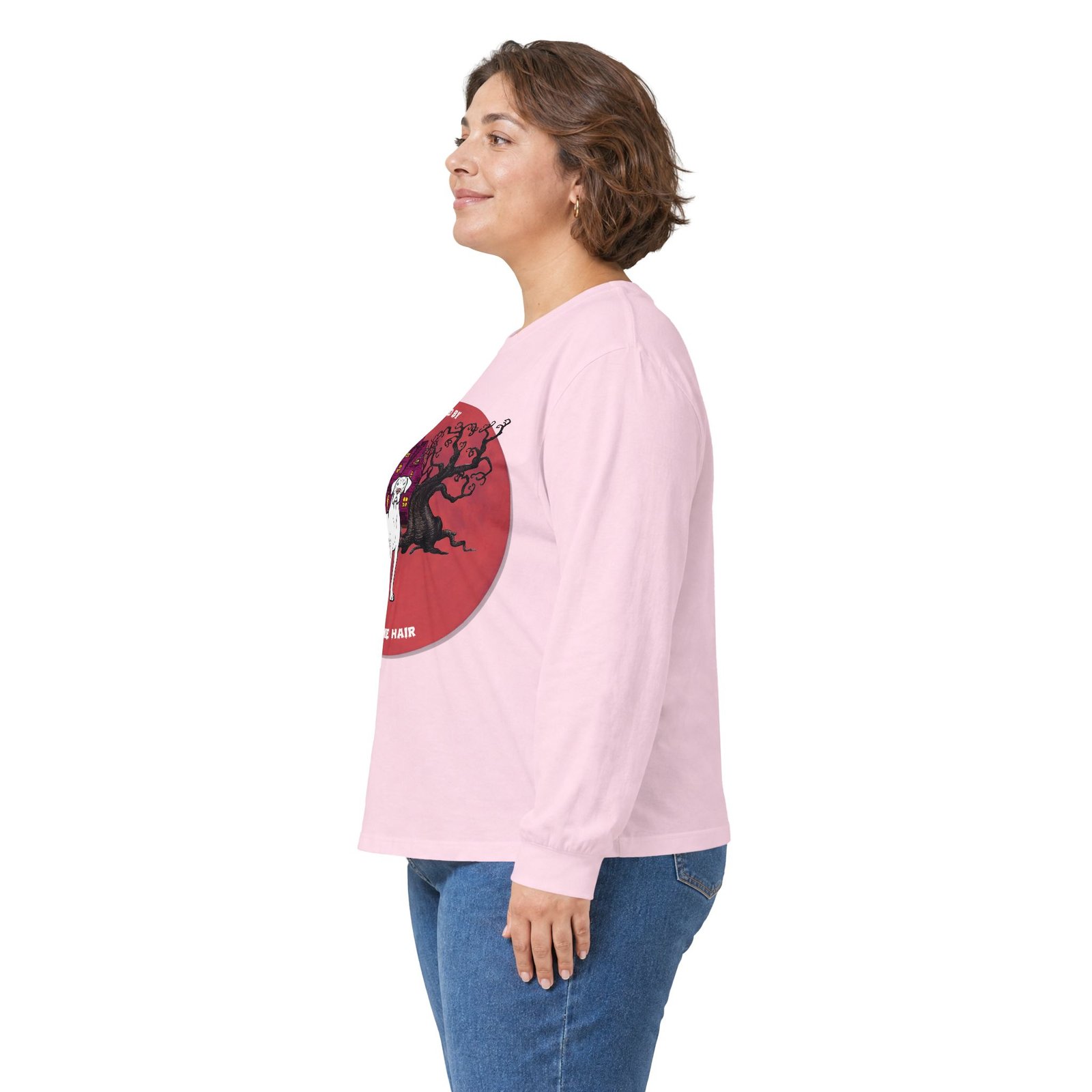 White with blue eyes Great Dane up to 5xl - Haunted by Dane Hair Unisex Long Sleeve Tee - Image 64