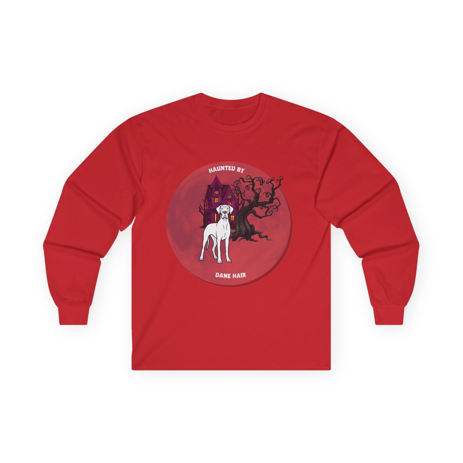 White with blue eyes Great Dane up to 5xl - Haunted by Dane Hair Unisex Long Sleeve Tee - Image 65