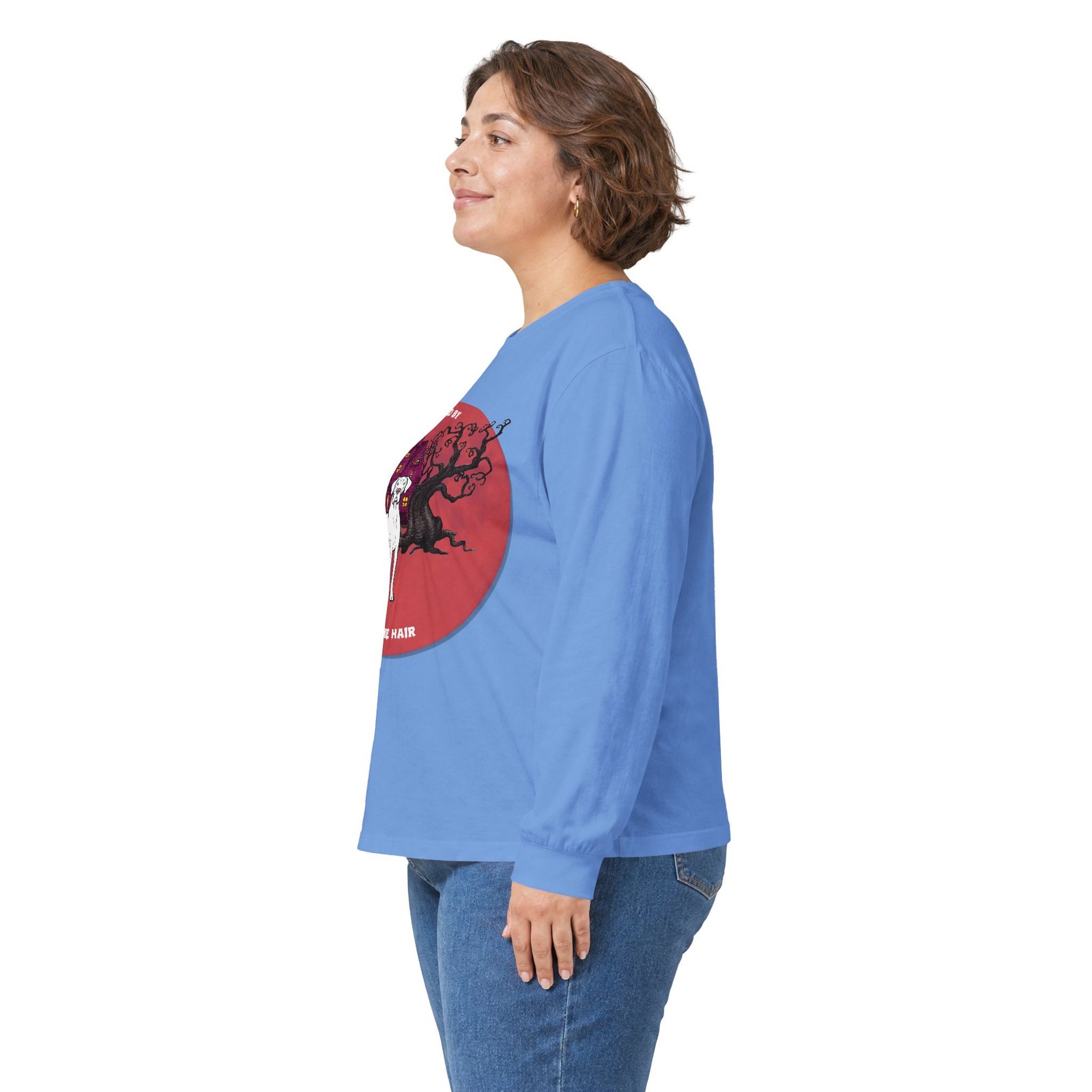 White with blue eyes Great Dane up to 5xl - Haunted by Dane Hair Unisex Long Sleeve Tee - Image 48