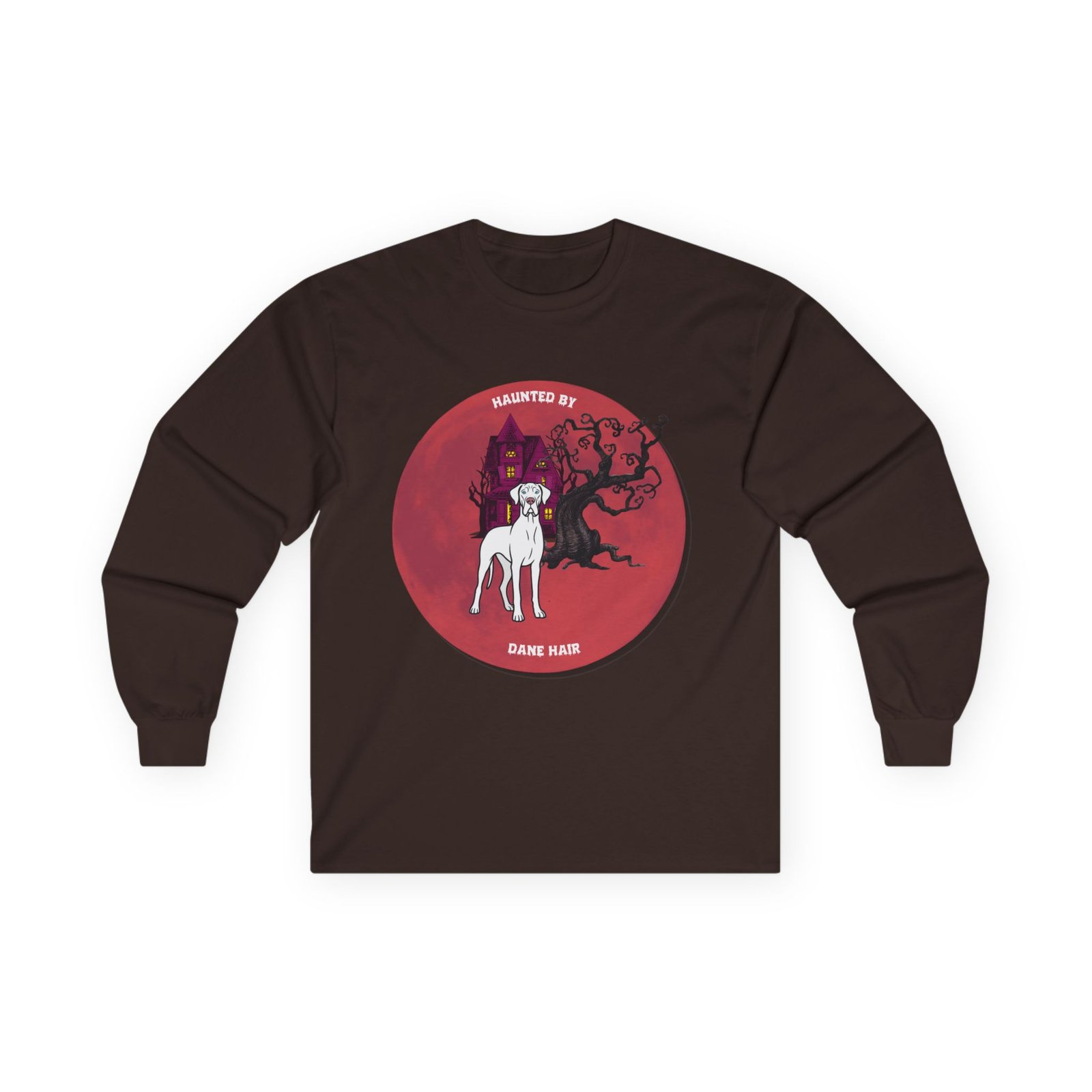 White with blue eyes Great Dane up to 5xl - Haunted by Dane Hair Unisex Long Sleeve Tee - Image 25