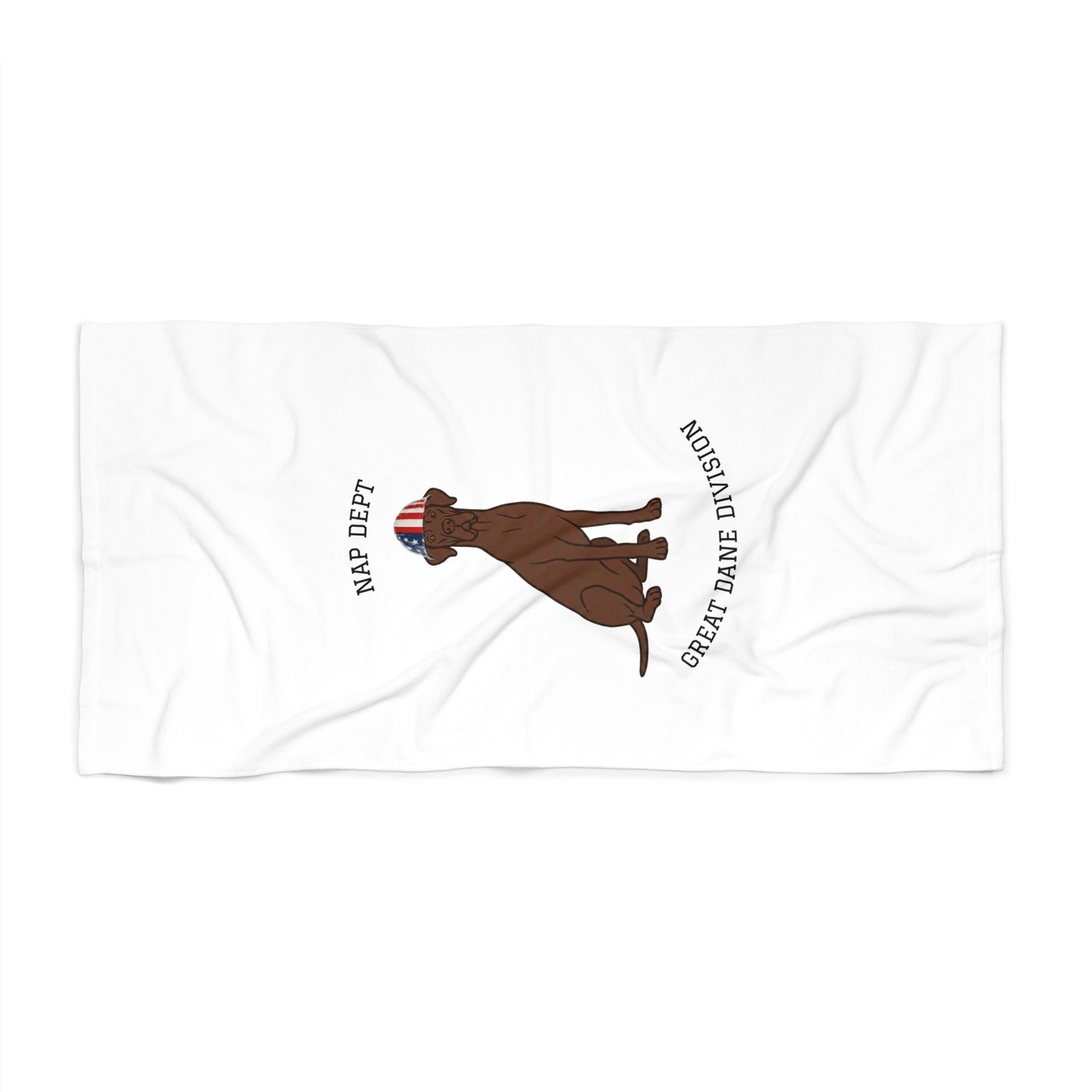 Chocolate Great Dane Beach Towel — 'Nap Dept' & 'Great Dane Division' Labor Day