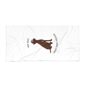 Chocolate Great Dane with White Chest Marking Beach Towel — 'Nap Dept' & 'Great Dane Division' Labor Day
