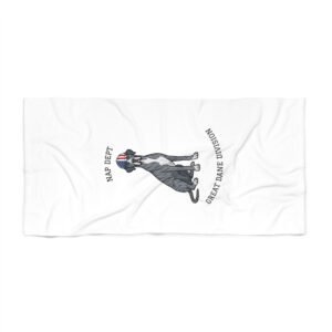 Blue Brindle with White Chest Blaze Great Dane Beach Towel — 'Nap Dept' & 'Great Dane Division' Labor Day
