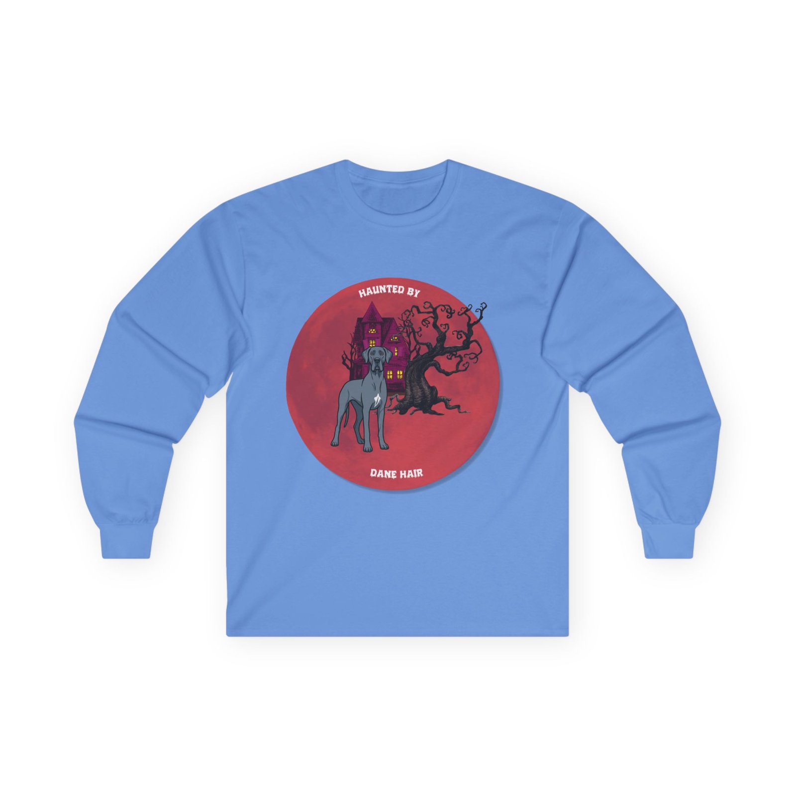 Blue with white snip chest Great Dane up to 5xl - Haunted by Dane Hair Unisex Long Sleeve Tee - Image 45