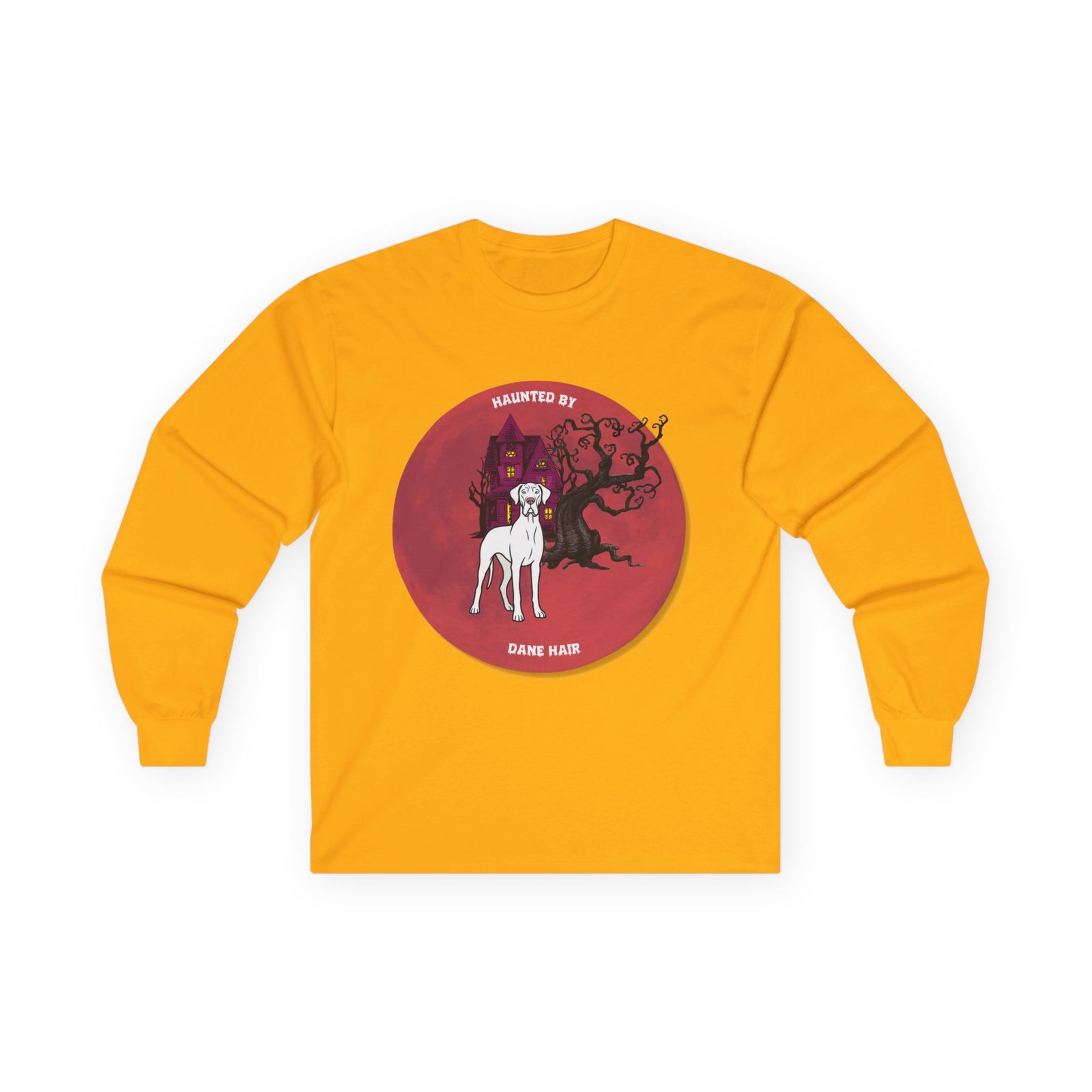 White with blue eyes Great Dane up to 5xl - Haunted by Dane Hair Unisex Long Sleeve Tee - Image 5