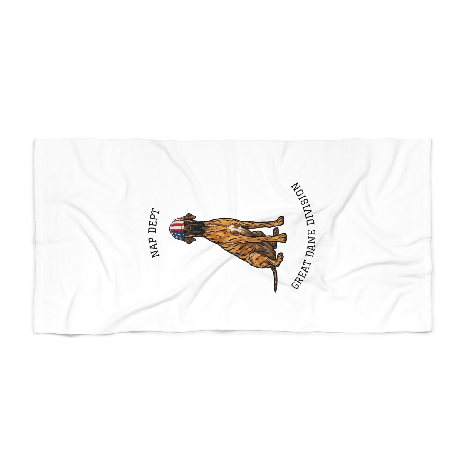 Brindle with White Chest Marking Great Dane Beach Towel — 'Nap Dept' & 'Great Dane Division' Labor Day