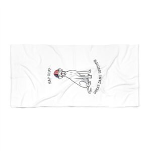 White with blue eyes Great Dane Beach Towel —  'Nap Dept' & 'Great Dane Division' Labor Day