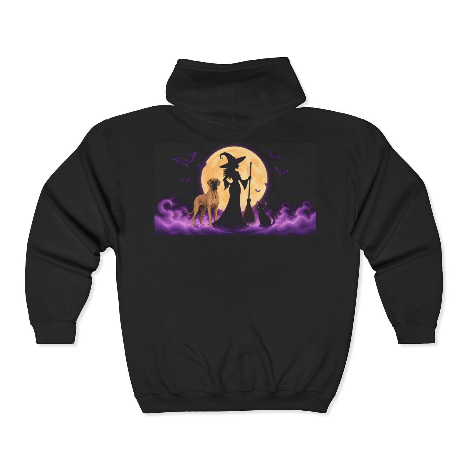 Fawn Great Dane & Black Cat Witch Full-Zip Hoodie (Up to 3x) Back Printed Med-Heavy — Her Familiars - Image 2