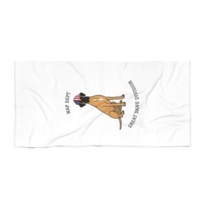 Fawn Great Dane with White Chest Snip Beach Towel — 'Nap Dept' & 'Great Dane Division' Labor Day