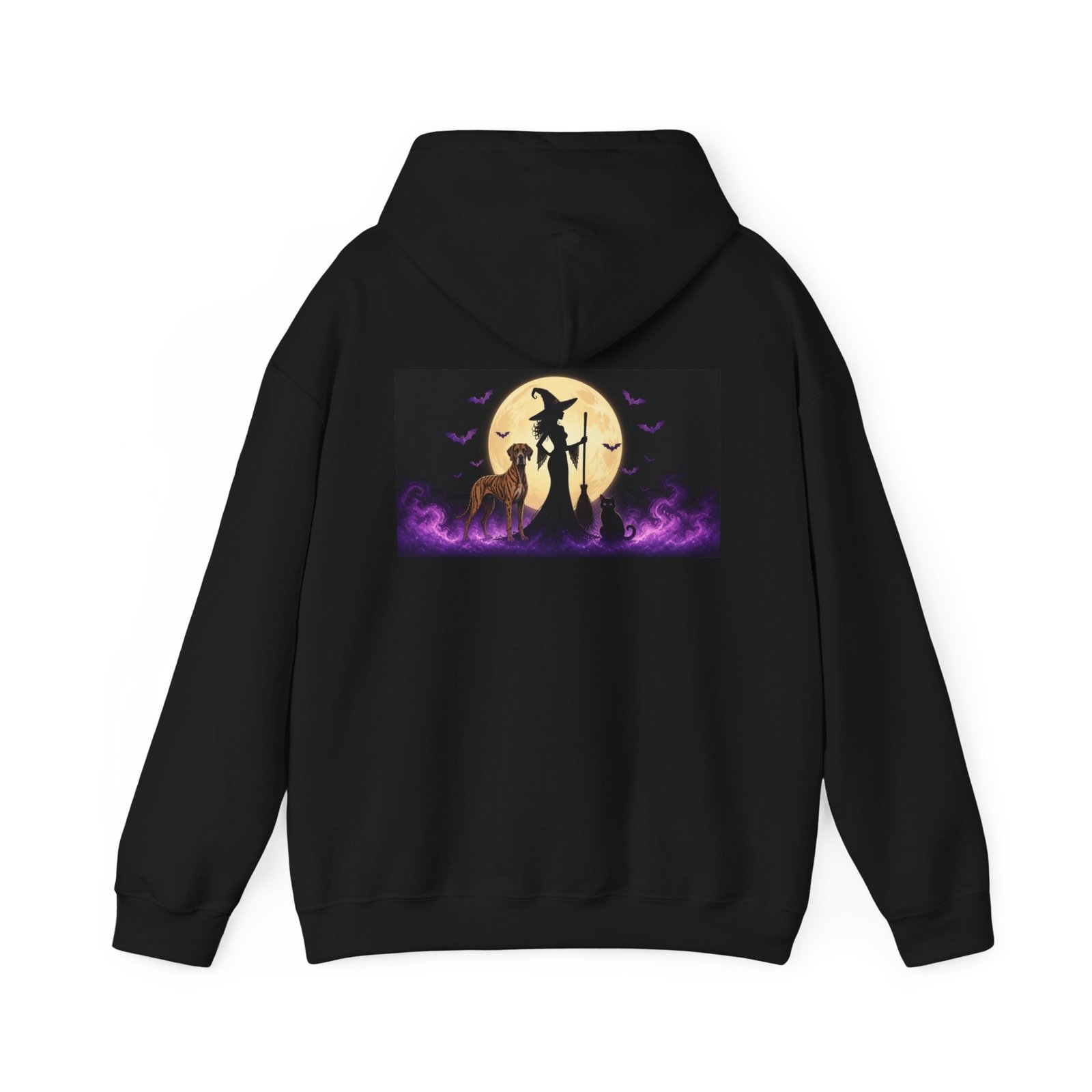 Brindle Great Dane, Black Cat, Witch (up to 5x) Mid-Weight Hoodie Back Printed — Her Familiars - Image 2