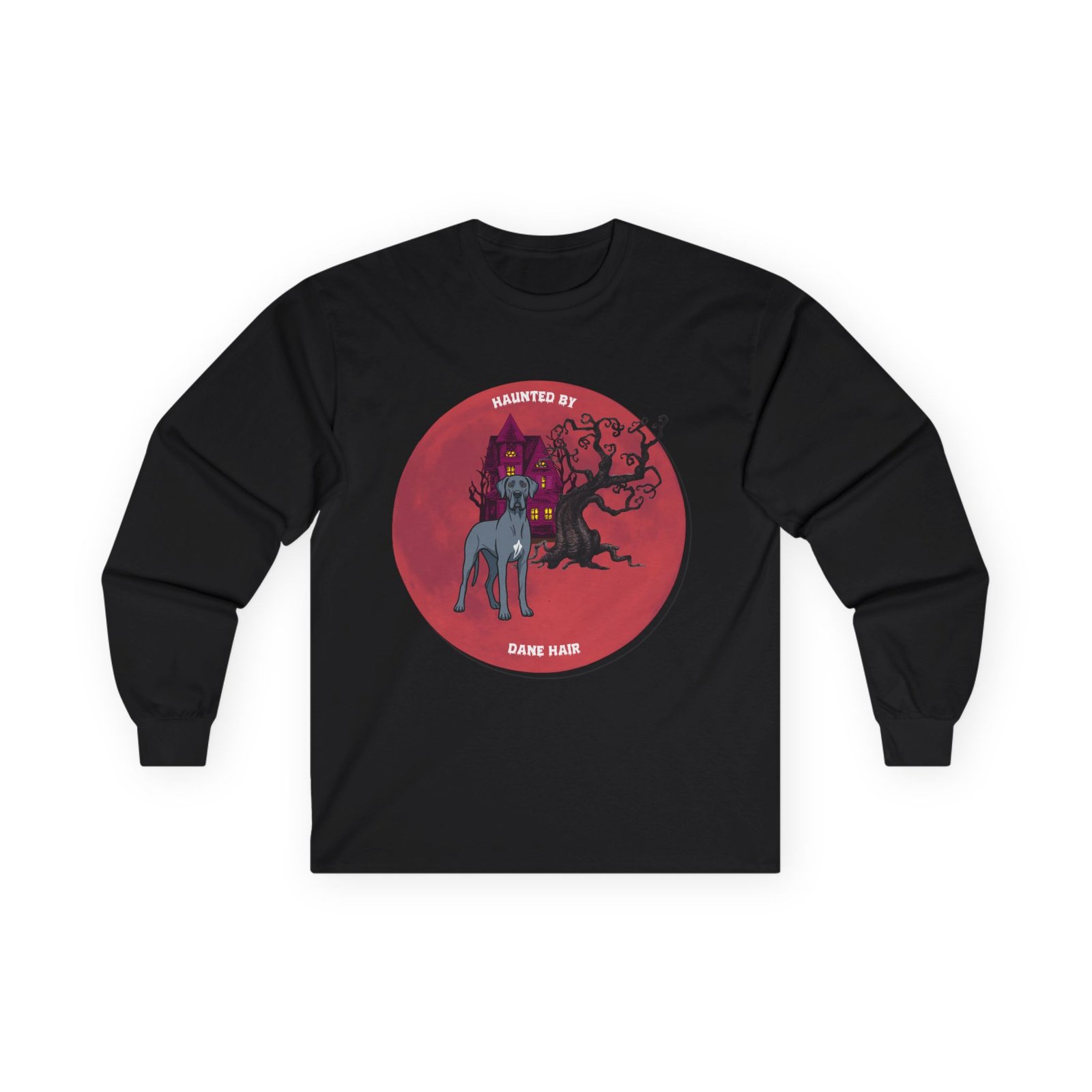 Blue with white snip chest Great Dane up to 5xl - Haunted by Dane Hair Unisex Long Sleeve Tee - Image 9