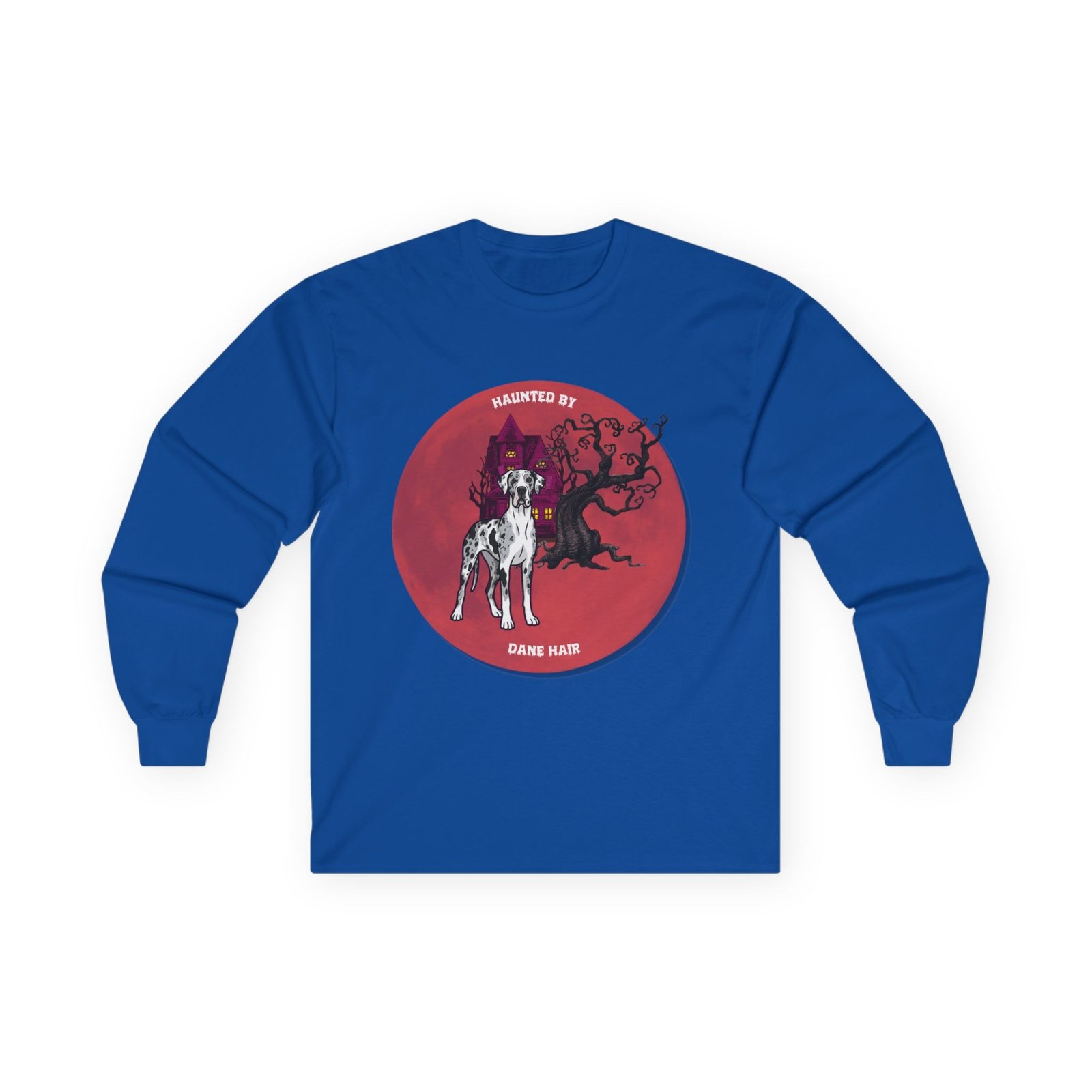 Merlequin with white chest Great Dane up to 5xl - Haunted by Dane Hair Unisex Long Sleeve Tee - Image 49