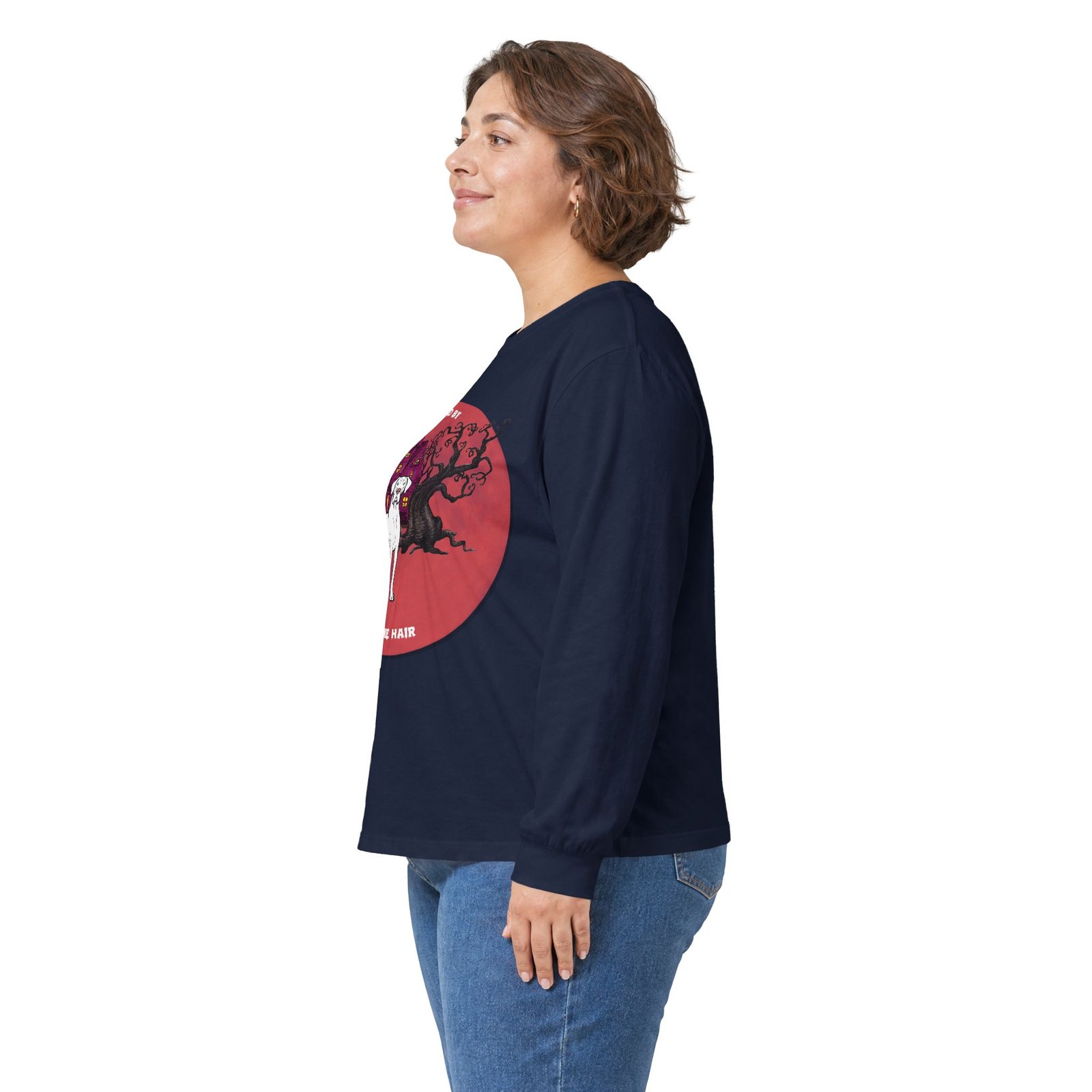 White with blue eyes Great Dane up to 5xl - Haunted by Dane Hair Unisex Long Sleeve Tee - Image 56
