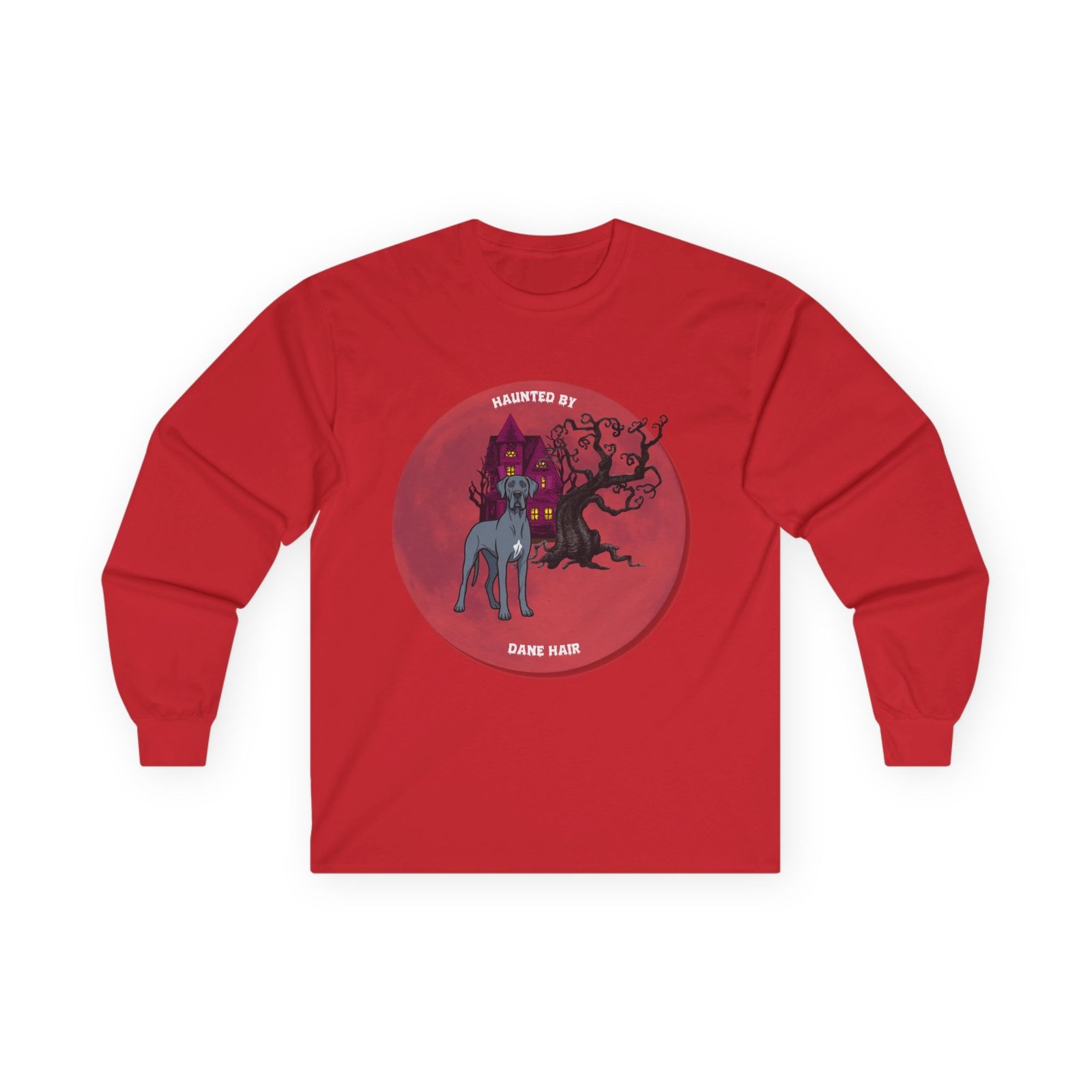 Blue with white snip chest Great Dane up to 5xl - Haunted by Dane Hair Unisex Long Sleeve Tee - Image 65